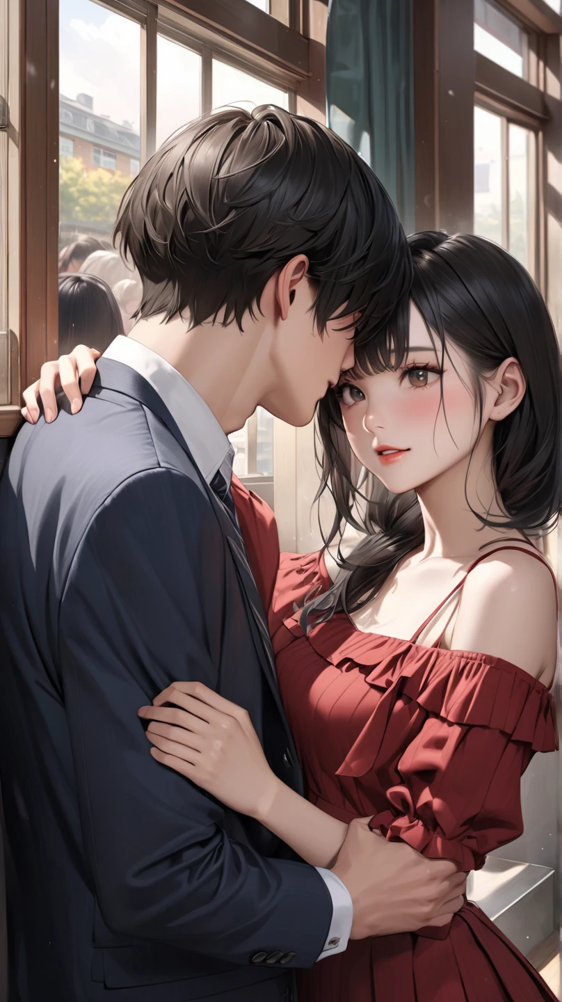 (table top, digital art, digital illustration, 4k, 8k, super detailed, beautiful images, clear image, realistic, RAW photo, perfect face, perfect lines, perfect eyes, soft lighting) 1 female, (light brown hair,chignon hair,innocent look,droopy eyebrows,droopy eyes,With a round face,round chin、innocence,cute,Big eyes,natural makeup,smile gently,E cup,23 years old:1.3),Two handsome men in suits, (human,man wearing a suit,muscular,solid shoulder width,adult male,boyish hairstyle,A man in his 30s with a cool expression,28 year old man with a bright smile:1.2),(embarrassing,shy smile:1.2),kitchen、frying pan、breakfast、kiss、カップルkiss、romance porn、couple looking at each other、couple hugging each other
