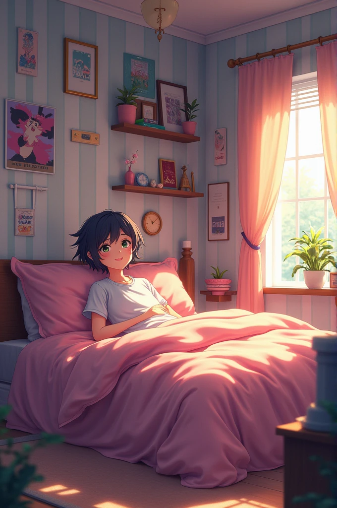 anime girl laying on bed with cat in bedroom with blue walls, lofi artstyle, animation illustrative style, in style of atey ghailan, animated film still, inspired by Atey Ghailan, lofi feel, relaxing concept art, animation style render, lofi girl, animated still, lofi art, dreamy illustration, lofi aesthetic, lofi