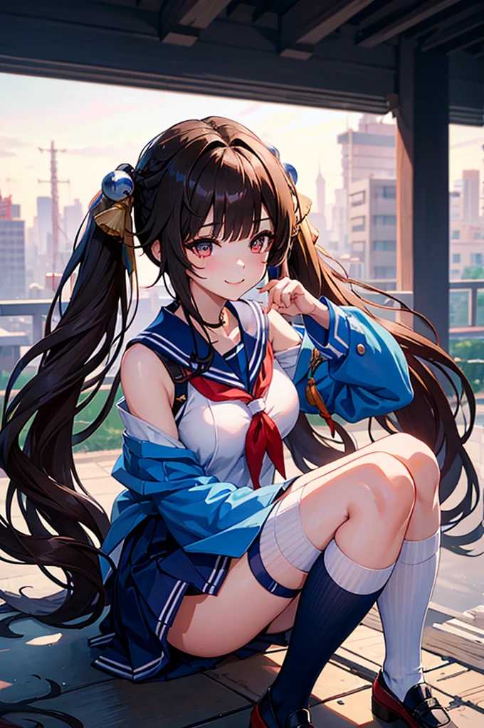 a cute femboy , sushang , long hair, twintails, darkbrown hair, big breasts,wearing a japan school uniform, blue sailor collar, blue skirt, white thighhighs,shy,embrassed,smile,eyemakeup,red face,face makeup,sitting,squat,in a city sexypose at afternoon time, close-up body.