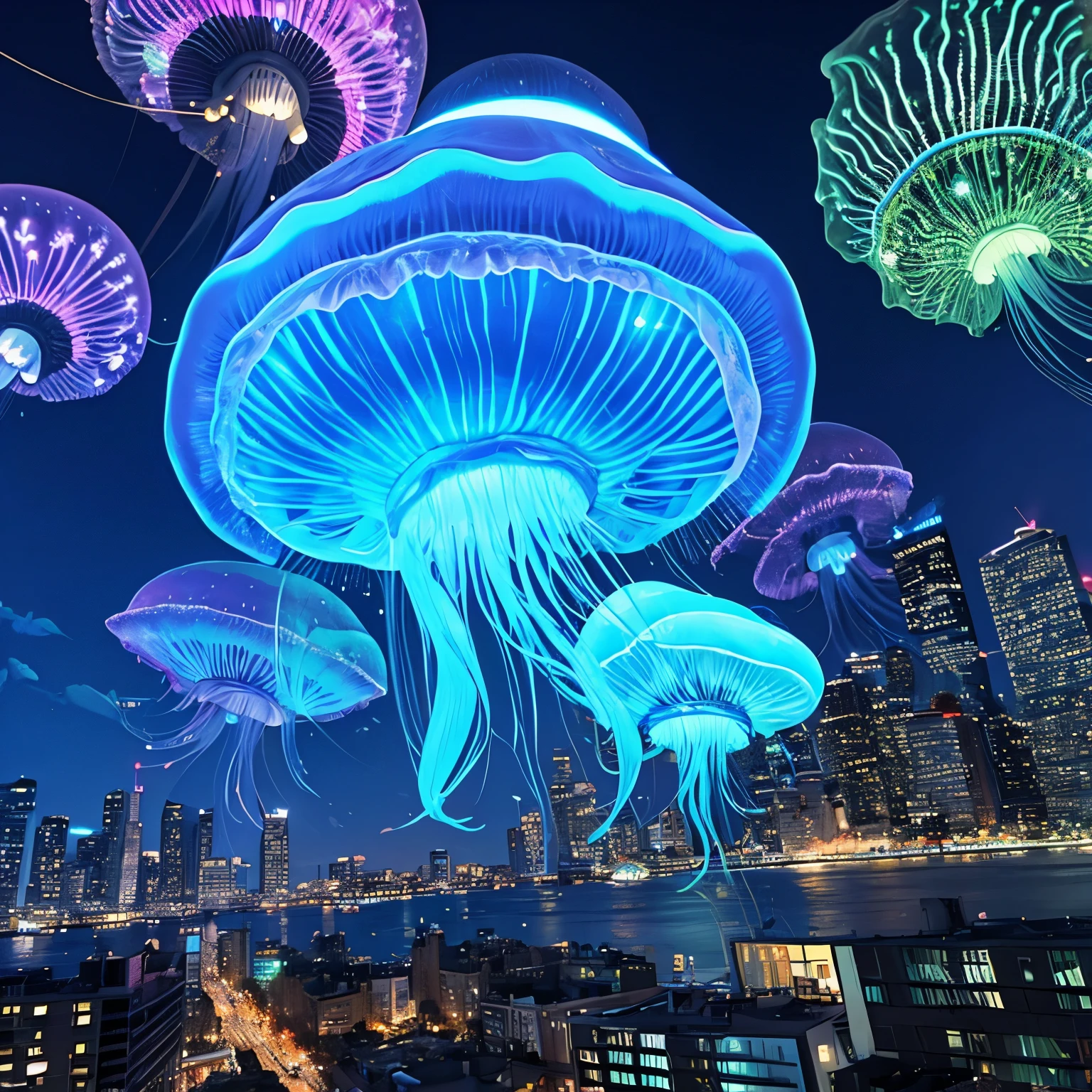 A GIANT BIOLUMINESCENT JELLYFISH FLYING THROUGH THE BIG CITY