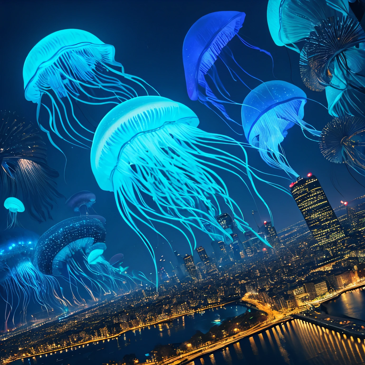 A GIANT BIOLUMINESCENT JELLYFISH FLYING THROUGH THE BIG CITY