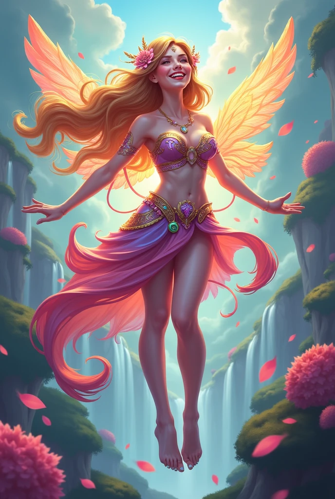 Comic book character, a fairy with long pink hair with fire and mind-reading powers Fairy planet, trees and flowers, water fighting with monsters image HD 8K