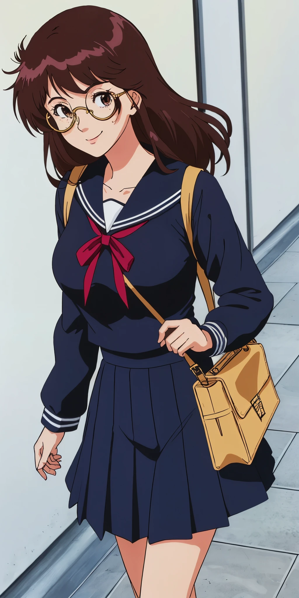 Young woman drawn in 80’s anime art style. 
Retro anime. Vintage Anime. Classical Anime. 
Black Dark Brown HAIR
Long Nihongami Hair
(Round Glasses)
(Round and Circle eyes)
(Light Brown eyes)
(Medium Sized Eyebrows)
(Freckles on Cheek)
(Light Tan Woman)
(Medium Breast)
Seductive Smile

She is wearing a sailor fuku (セーラー服, sērā fuku, sailor outfit) is a common japanese style of uniform worn by women, traditionally by high school female students. 

The uniform generally consists of a sailor-styled blouse attached with a (Navy blue sailor-style collar) and a Dark Navy Blue Sailor Blouse. The length of the long skirt goes down past her ankle.

A ribbon is tied in the front and laced through a loop attached to the sailor blouse. The color is the ribbon is red. (RED RIBBON)

(Dark Navy Blue Sailor Shirt)
(Dark Navy Pleated Skirt)

She is holding a brown briefcase.
She is visiting a High School.

(Solo)
