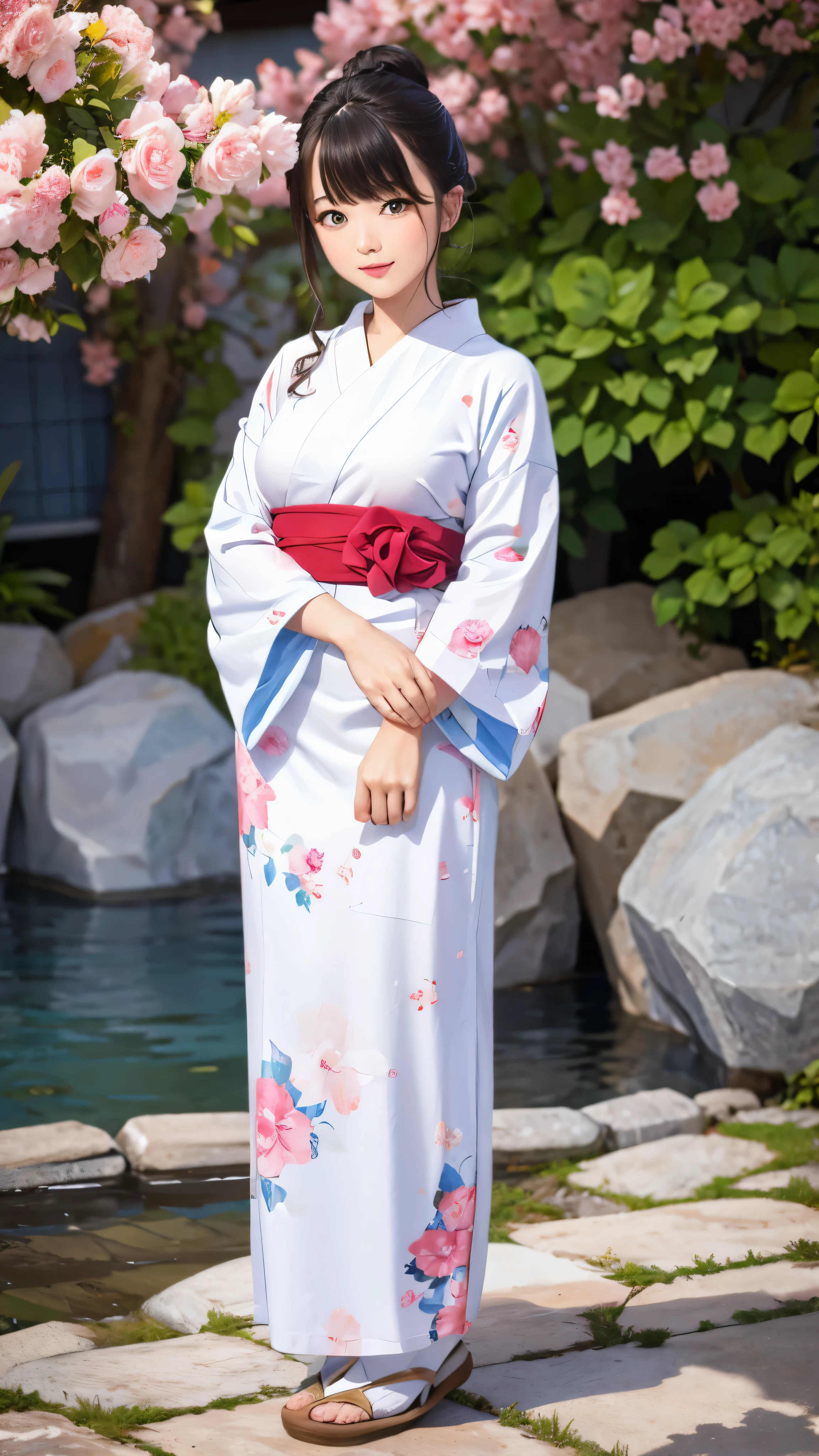  full body high definition image ，A beautiful woman in a white floral yukata in the center of the colorful hot spring town 、Beautiful woman in a white floral yukata ,  beautiful,  girl,  detailed background, 4k yen,  bright color,  face details、 full body high quality image , Cinematic dramatic atmosphere,  sharp concentration ,  volumetric lighting ,  cinematic lighting ,  Bright Atmosphere 。