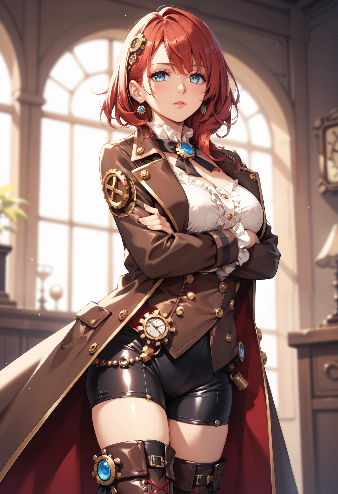 natural redhead woman, 1 woman, zoomed out, short curly hair, black cowboy hat, black uniform, full sheriff uniform, heterochromia, walking towards viewer, low angle, bare shoulders, sideboobs, ultra detailed, striped shirt, high leotard, long black coat, uniform trousers