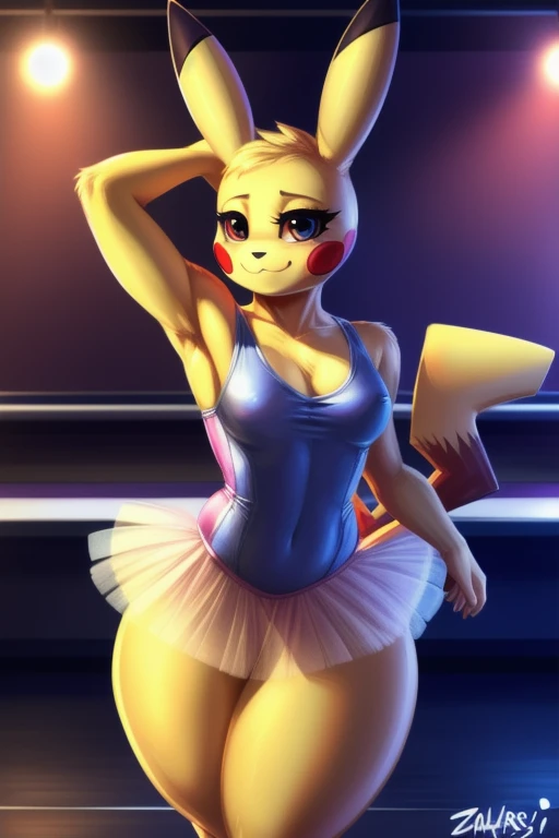 by zackary911, zackary911, (((Pikachu, anthro, extremely detailed, extremely detailed legs, extremely detailed arms, extremely detailed face, perfectly detailed eyes, ultra-detailed hands, perfectly detailed anatomy, well shaped body, female)): solo, curved thighs, long jagged tail, carmesi eyes, day, blushed, looking to the viewer with a loving expression, detailed background, dance studio background, front lateral view, medium breasts, ballet singlet, tutu