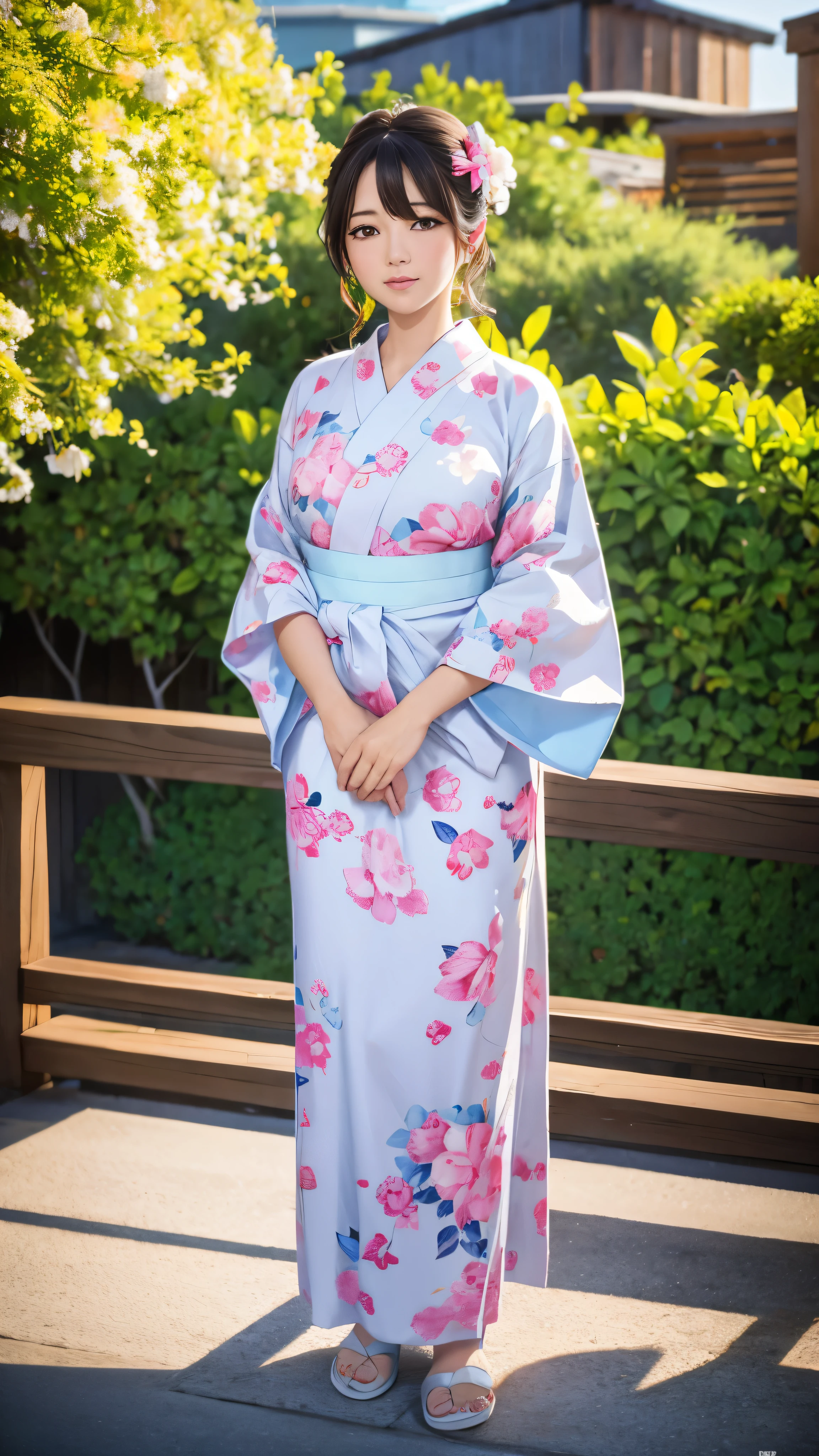  full body high definition image ，A beautiful woman in a white floral yukata in the center of the colorful hot spring town 、Beautiful woman in a white floral yukata ,  beautiful,  girl,  detailed background, 4k yen,  bright color,  face details、 full body high quality image , Cinematic dramatic atmosphere,  sharp concentration ,  volumetric lighting ,  cinematic lighting ,  Bright Atmosphere 。