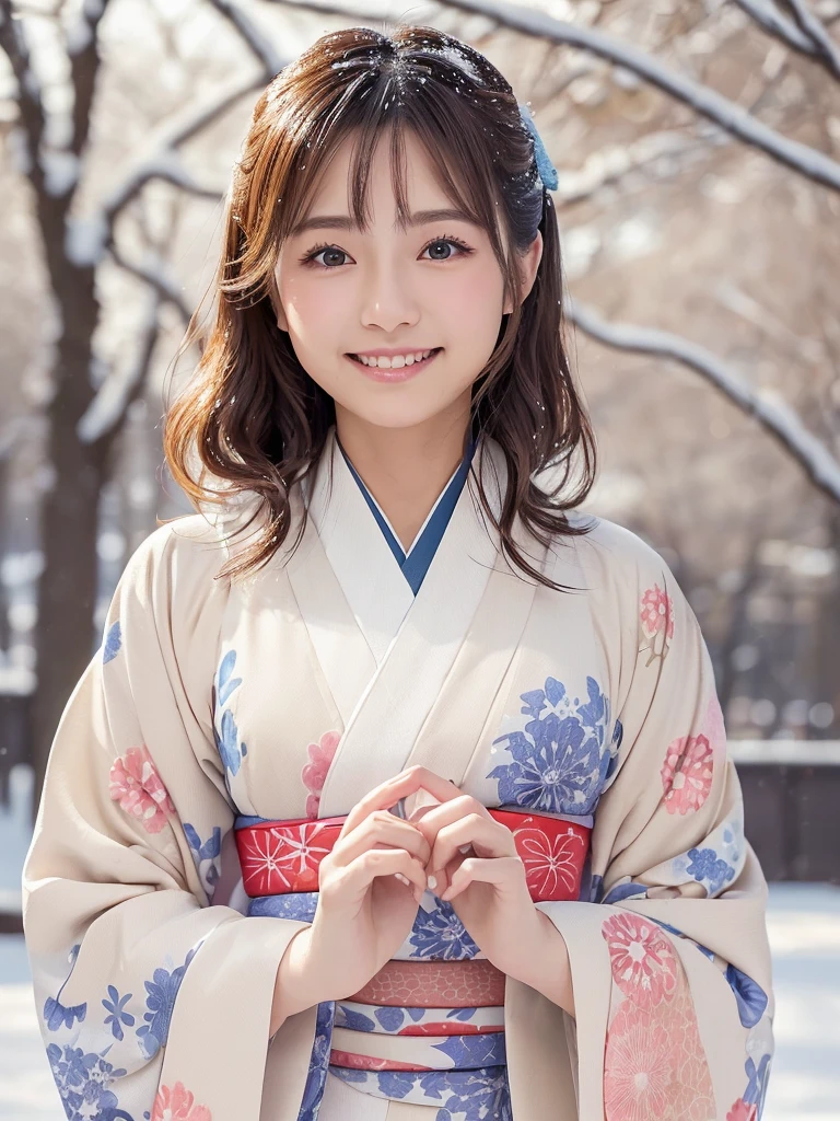 Japanese ido ,((Cute ,Baby face:1.2)),(8K, Raw photo, ultra-detailliert, Best Quality:1.2), (Realistic, Photorealsitic:1.4), (Insanely detailed, 超A high resolution ,Beautiful, masutepiece:1.2), ,very detailed face and eyes,Shiny skin,(Upper body:1.Professional Lighting,Soft light, Sharp Focus, depth of fields,Medium Hair,Earring, (Kimono costume with gorgeous floral pattern :1.3),(Smile:1.3),Bokeh,(Dynamic Angle:1.5),(A traditional Japanese room decorated for New Year. There are Kagami mochi and pine decorations in the alcove, and a view of snow falling outside the window. :1.3)