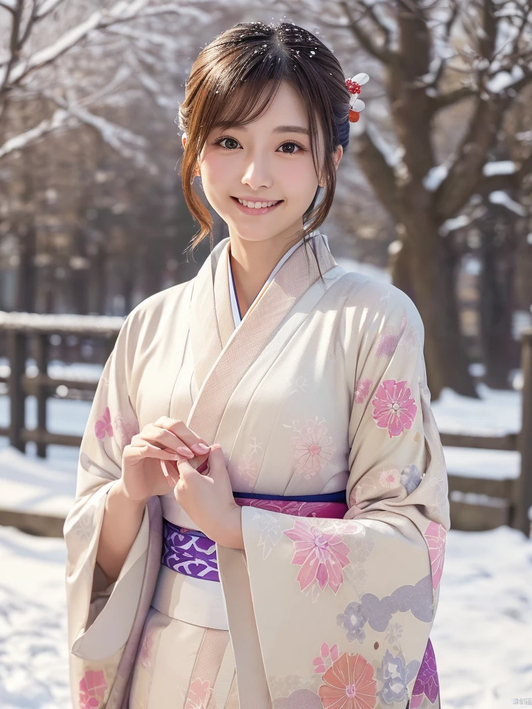 (Winter date ), ((A light-colored Japanese kimono with a vivid pattern:1.4)),  view viewers, Japanese female university student, ( one woman:1.2),  she's so beautiful ,  pubic skin,  perfect face,  cute and symmetrical face with water up to the chest,  light brown hair ,  medium hair,  wave hair,  hair gathered together in purple fabric, makeup,  beautiful hair,  beautiful face,  Beautiful Attention to Details,  Beautiful Fingers , (In a snowy park), (Cute Smile), ( realistic , Photorealistic:1.4),  very detailed,  shallow depth of field ,  Perfect Anatomy, Perfect limbs, perfect hand,  perfect eyes,  Perfect Body , smile,  double eyelids in judo uniforms, (Natural lighting,  movie lights),