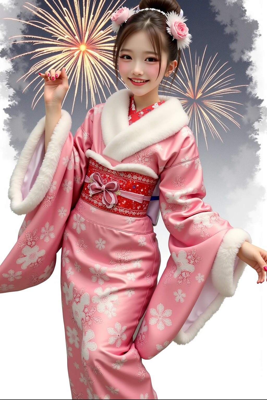 It depicts a beautiful Japanese woman in a kimono、shiny skin, large breasts:0.5, looking up, watching the view, beautiful hair, beautiful face, beautiful detailed eyes, (middle hair:1.5, japanese hair:1.5), black hair, blue eyes, (((red floral kimono), hair ornament)), ((smile:1.5, open your mouth wide)), walking, (beautiful scenery), winter, dawn, (new year's day, first visit),crowd, snow, snowfall:1.5, freezing weather, frost, (8k, top-quality, masterpiece​:1.2, extremely detailed), (photorealistic), beautiful illustration, natural lighting,((perfect anatomy, anatomically correct, super detailed skin)), 