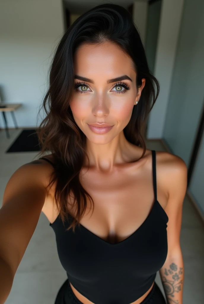 Dominatrix over 40 years old,60 year old woman, thin wrinkles, pose for selfie not Instagram, black gown, smiling showing teeth, heavy makeup with long black hair and black eyes looking at the camera, detailed photo, realistic lighting, top quality real skin: 1.4, Enhanced cinematic lighting: 0.9,hyperrealisti: 1.4, (soft lighting: 1.05) moving figure, sexy dominant pose, domination, mistress, BDSM