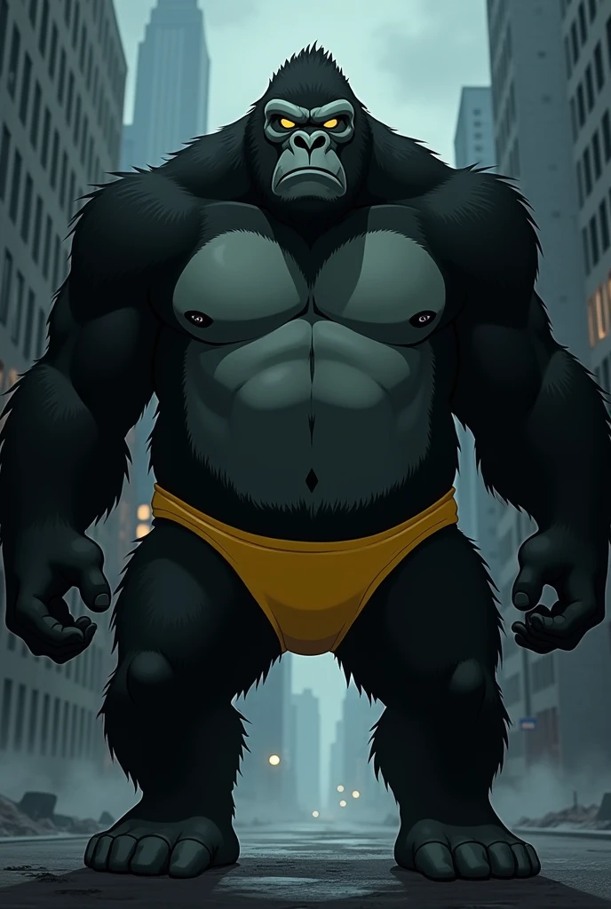 1 man in extra large anthropomorphic gorila in the city cyberpunk, very big gorilla, front view, detail face,