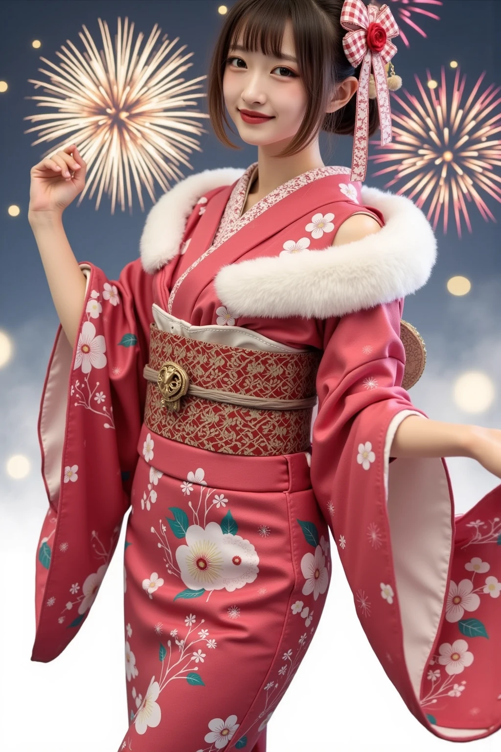 It depicts a beautiful Japanese woman in a kimono、shiny skin, large breasts:0.5, looking up, watching the view, beautiful hair, beautiful face, beautiful detailed eyes, (middle hair:1.5, japanese hair:1.5), black hair, blue eyes, (((red floral kimono), hair ornament)), ((smile:1.5, open your mouth wide)), walking, (beautiful scenery), winter, dawn, (new year's day, first visit),crowd, snow, snowfall:1.5, freezing weather, frost, (8k, top-quality, masterpiece​:1.2, extremely detailed), (photorealistic), beautiful illustration, natural lighting,((perfect anatomy, anatomically correct, super detailed skin)), 