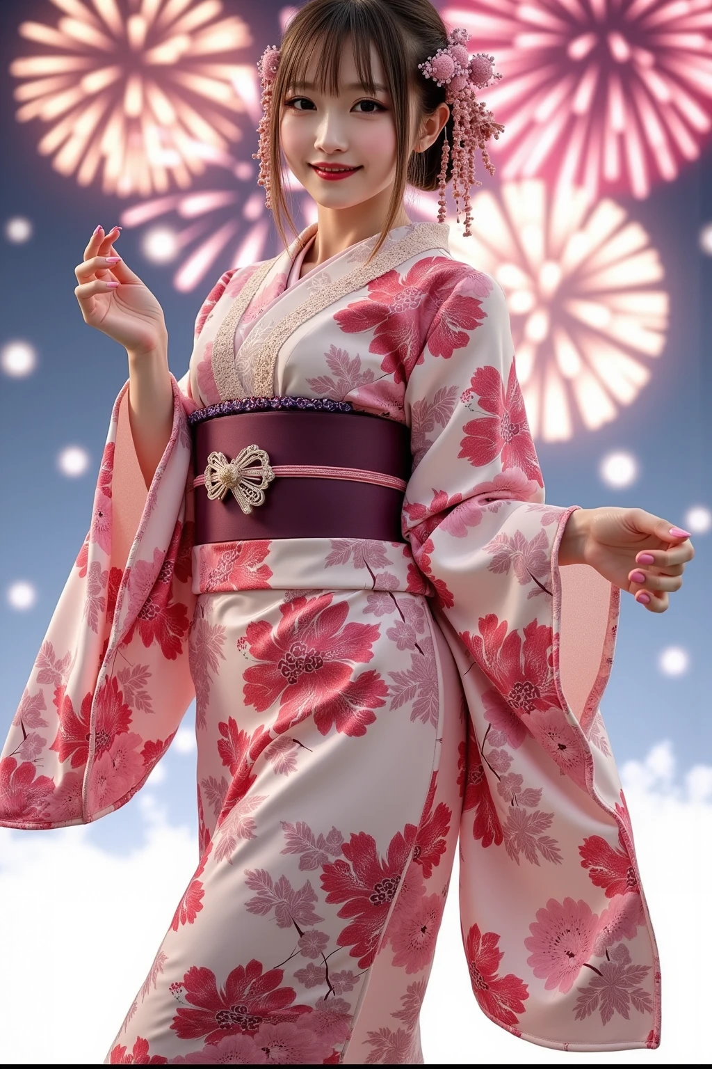 It depicts a beautiful Japanese woman in a kimono、shiny skin, large breasts:0.5, looking up, watching the view, beautiful hair, beautiful face, beautiful detailed eyes, (middle hair:1.5, japanese hair:1.5), black hair, blue eyes, (((red floral kimono), hair ornament)), ((smile:1.5, open your mouth wide)), walking, (beautiful scenery), winter, dawn, (new year's day, first visit),crowd, snow, snowfall:1.5, freezing weather, frost, (8k, top-quality, masterpiece​:1.2, extremely detailed), (photorealistic), beautiful illustration, natural lighting,((perfect anatomy, anatomically correct, super detailed skin)), 