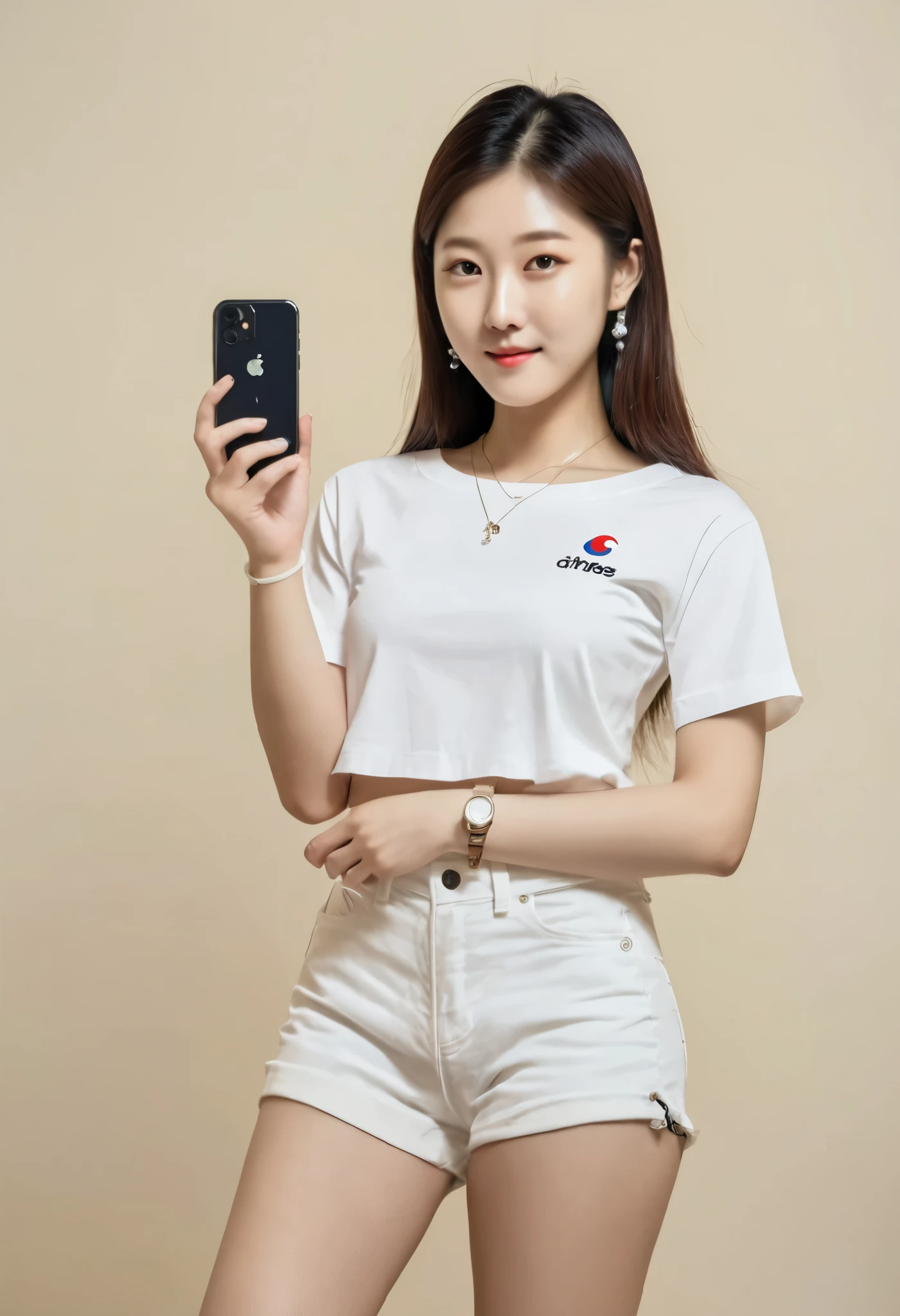 Korean girl holding iphone. Pose as if she's the brand ambasador of iPhone 15.