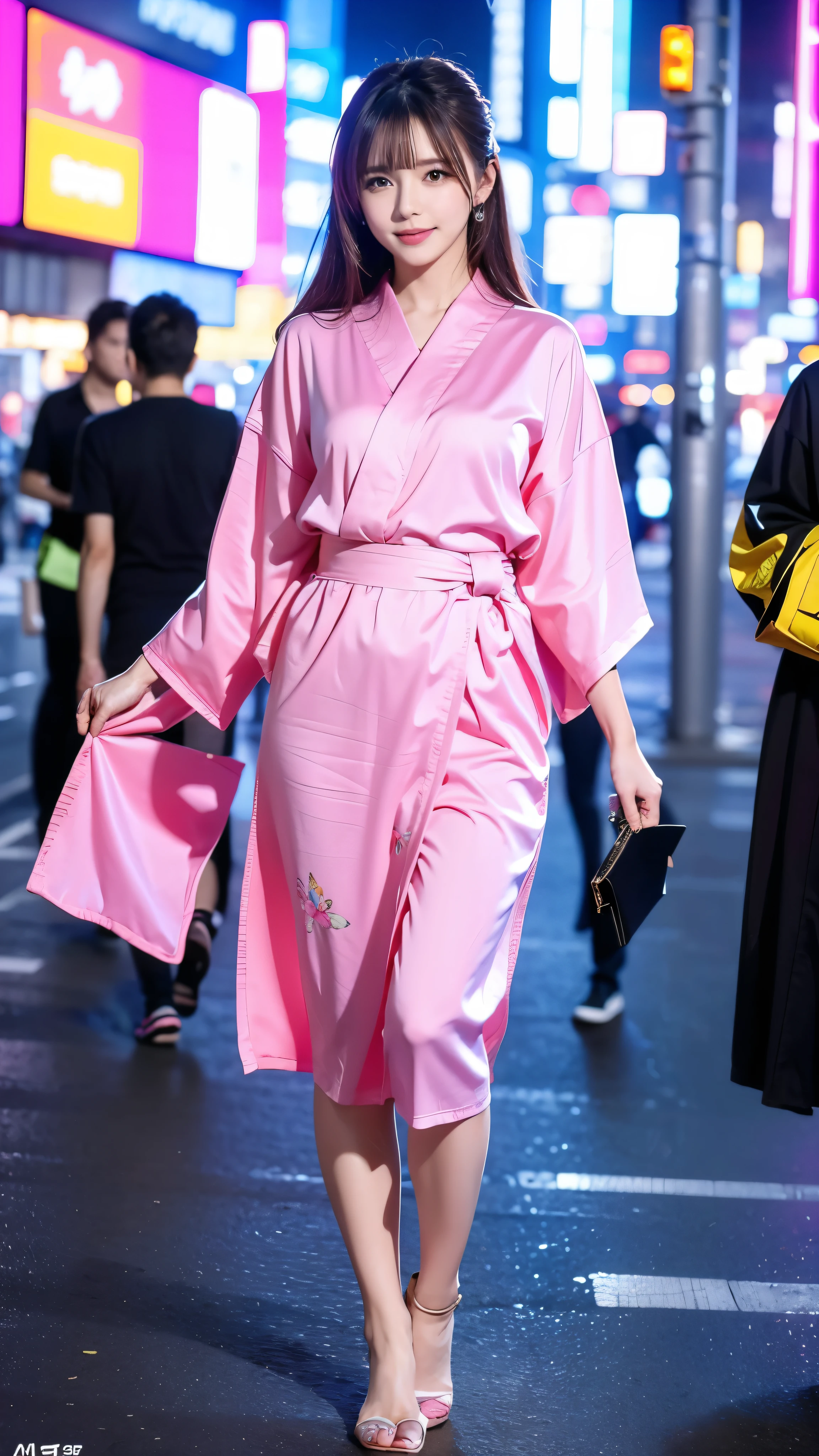  full body high definition image ，A beautiful woman in a complicated cyberpunk kimono is wearing a yukata,  beautiful,  girl, Detailed portrait, 4k yen,  bright color,  face details、 full body high quality image , Cinematic dramatic atmosphere,  sharp concentration ,  volumetric lighting ,  cinematic lighting ,  Studio Quality 