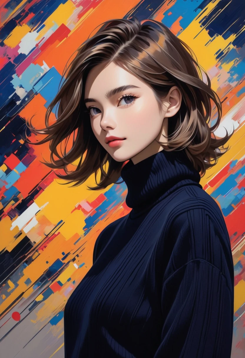  image that highlights the subject ,  tousled hair,  It adds sophistication to their look .  The overall vibe of the image is sophisticated and stylish {x} The person is wearing a dark-colored turtleneck sweater,  depicts a brightly colored person . The background is solid black, The  .  They are in a casual pose with one hand placed on their head .