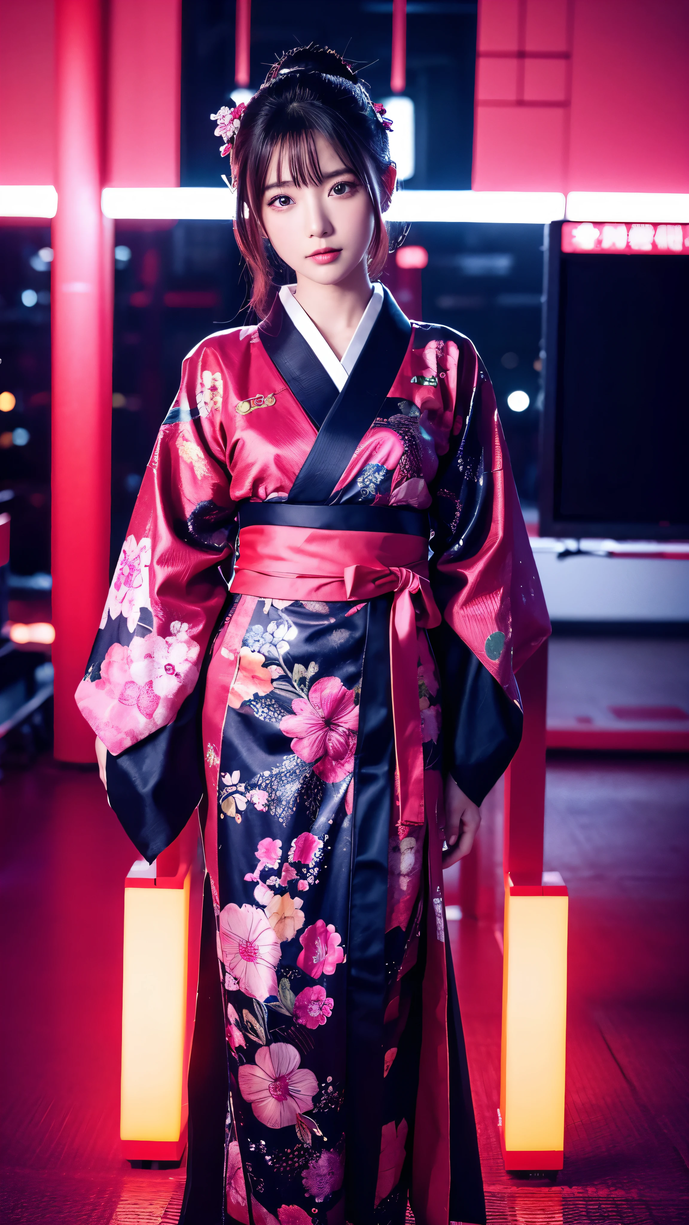  full body high definition image ，A beautiful woman in a complicated cyberpunk kimono is wearing a yukata,  beautiful,  girl, Detailed portrait, 4k yen,  bright color,  face details、 full body high quality image , Cinematic dramatic atmosphere,  sharp concentration ,  volumetric lighting ,  cinematic lighting ,  Studio Quality 