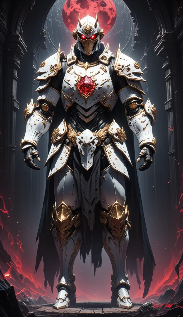  is possessed by a demon, a holy knight commander. Full Body Mechanized Image of an Adult Male. Robotic Muscle-Developed Body . wearing sacred white gold holy knight armor . Eyes Deep Red . standing inside a mysterious black and red church.Bold composition .COUNTLESS KNIGHT FOLLOWERS.Full body image with dark red glow in the eyes。He boldly stands in a mysterious black and red mechanical church， composition underlines his majestic presence 。 lights are very striking ， shadows cast by him highlight his armor and the church's bizarre atmosphere ，Mechanic robot ，Future Mechanism ， Cyberpunk 
