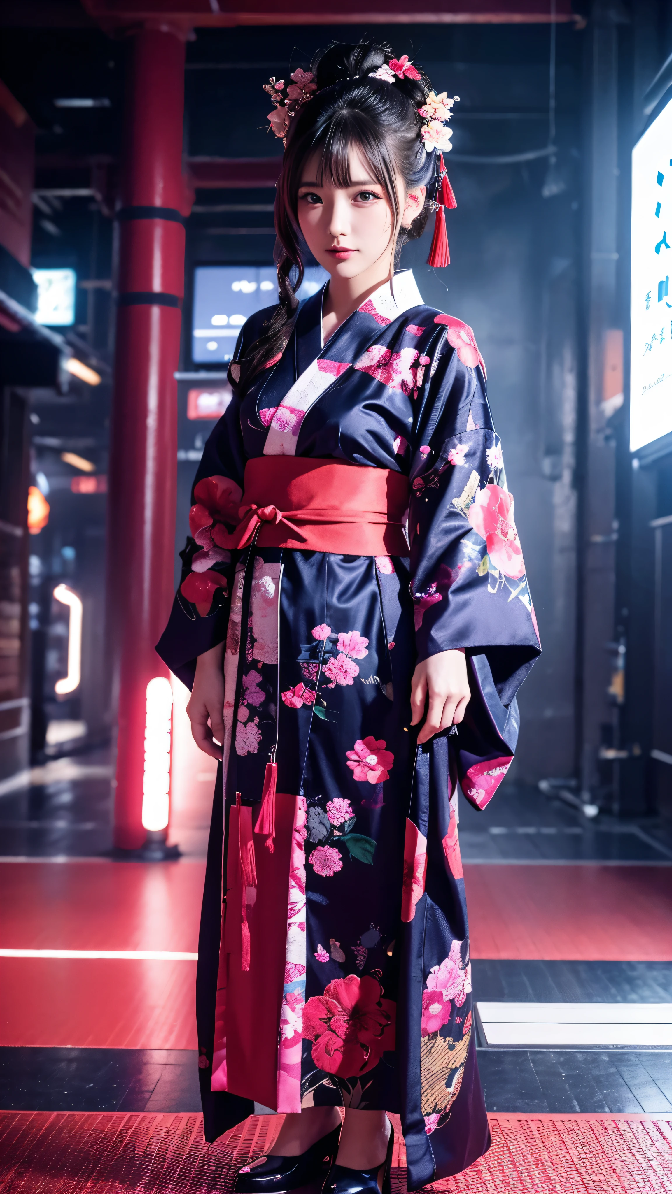  full body high definition image ，A beautiful woman in a complicated cyberpunk kimono is wearing a yukata,  beautiful,  girl, Detailed portrait, 4k yen,  bright color,  face details、 full body high quality image , Cinematic dramatic atmosphere,  sharp concentration ,  volumetric lighting ,  cinematic lighting ,  Studio Quality 