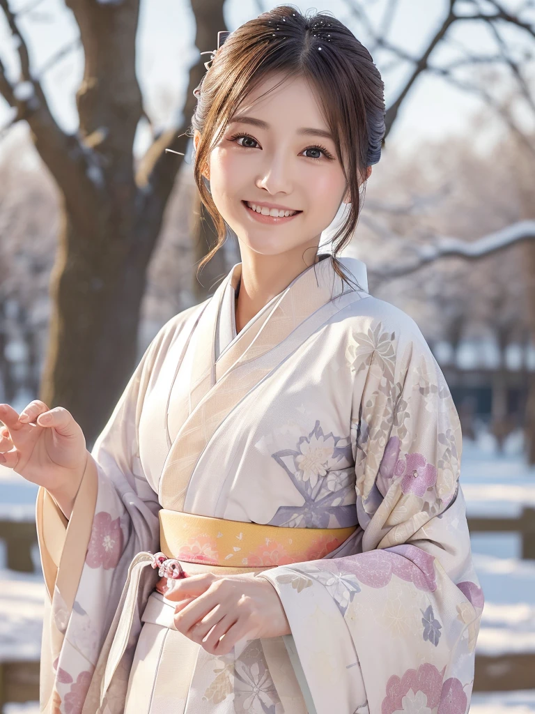 (Winter date ), ((A light-colored Japanese kimono with a vivid pattern:1.4)),  view viewers, Japanese female university student, ( one woman:1.2),  she's so beautiful ,  pubic skin,  perfect face,  cute and symmetrical face with water up to the chest,  light brown hair ,  medium hair,  wave hair,  hair gathered together in purple fabric, makeup,  beautiful hair,  beautiful face,  Beautiful Attention to Details,  Beautiful Fingers , (In a snowy park), (Cute Smile), ( realistic , Photorealistic:1.4),  very detailed,  shallow depth of field ,  Perfect Anatomy, Perfect limbs, perfect hand,  perfect eyes,  Perfect Body , smile,  double eyelids in judo uniforms, (Natural lighting,  movie lights),