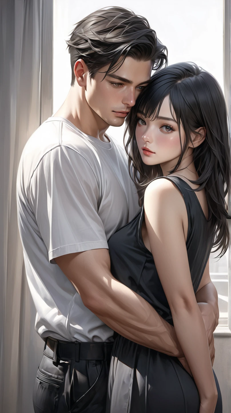 pair, 1 girl 1 boy, Different hair colors, Long, wavy, black hair, No bangs and gray eyes., maximum, shorts, short black hair and (green eyes) , He has no shirt., jeans, They are lying on the bed.. hug, love, Face to face, They looked into each other's eyes.