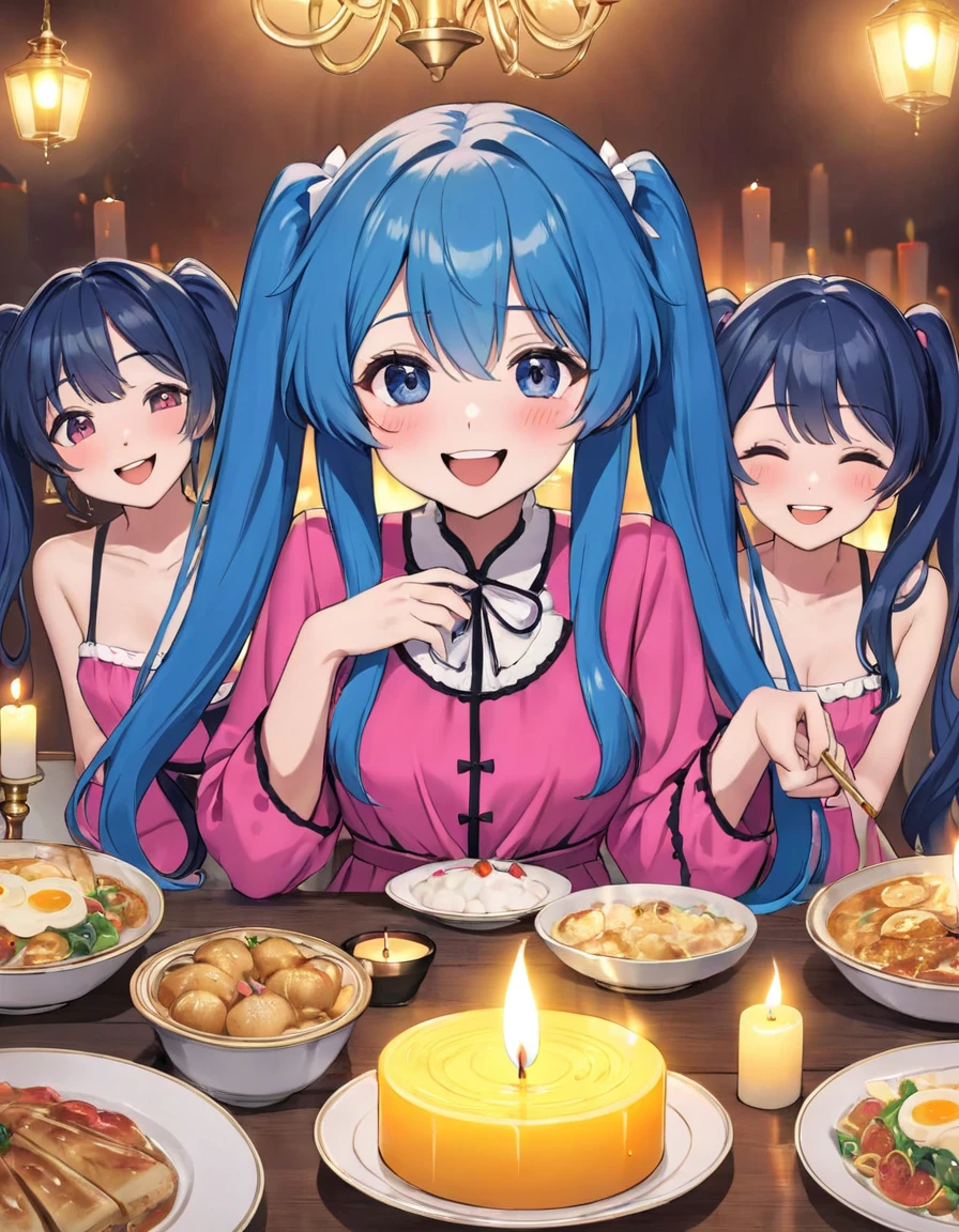   Long thin blue hair   、   Beautiful Girl with Twin Tails    、 Pink dress 、The bright candle venue   、  chandelier、   is laughing around candles with lots of friends、 Delicious Meals  、Play music