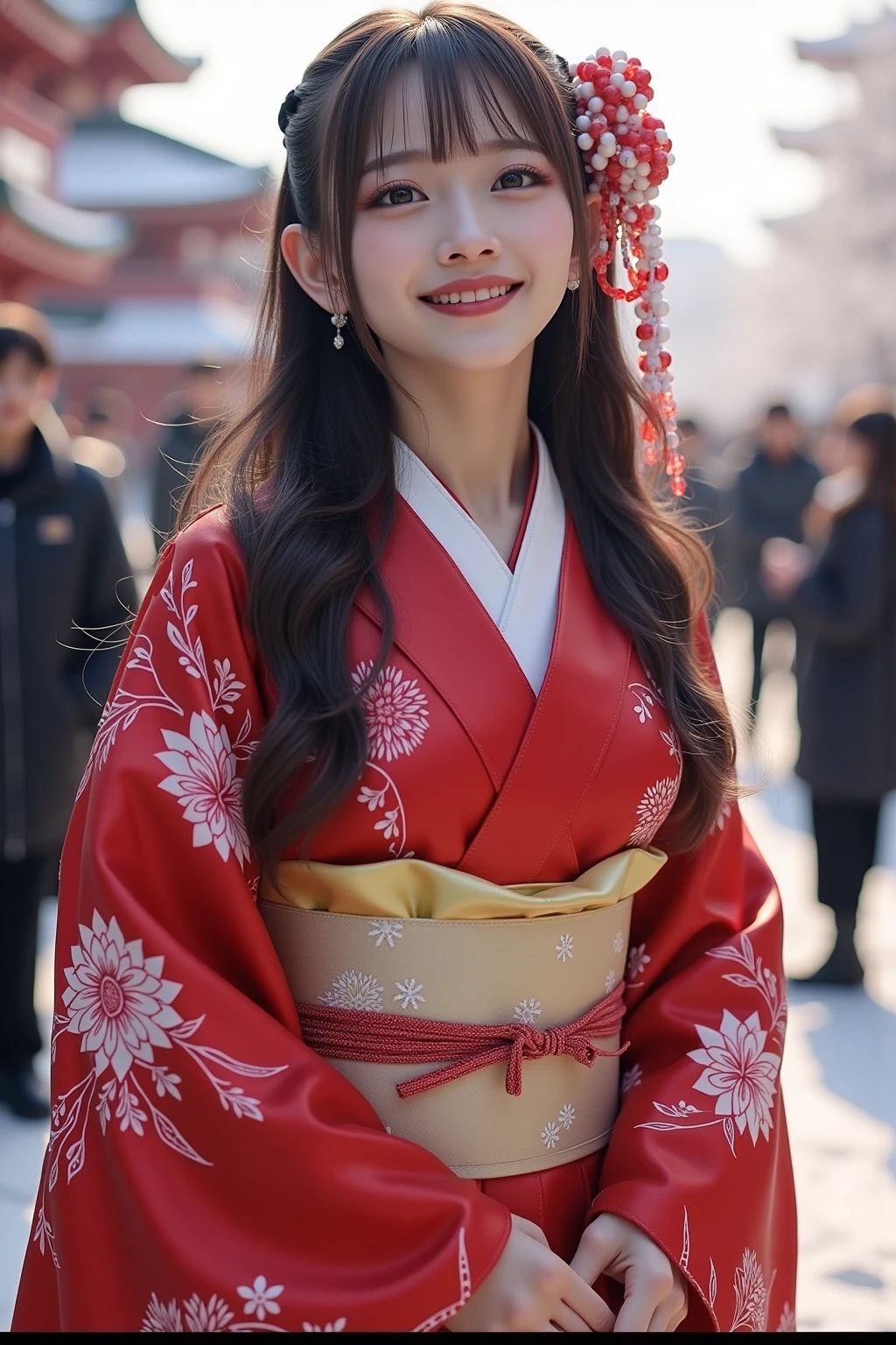 It depicts a beautiful Japanese woman in a kimono、shiny skin, large breasts:0.5, looking up, watching the view, beautiful hair, beautiful face, beautiful detailed eyes, (middle hair:1.5, japanese hair:1.5), black hair, blue eyes, (((red floral kimono), hair ornament)), ((smile:1.5, open your mouth wide)), walking, (beautiful scenery), winter, dawn, (new year's day, first visit),crowd, snow, snowfall:1.5, freezing weather, frost, (8k, top-quality, masterpiece​:1.2, extremely detailed), (photorealistic), beautiful illustration, natural lighting,((perfect anatomy, anatomically correct, super detailed skin)), 