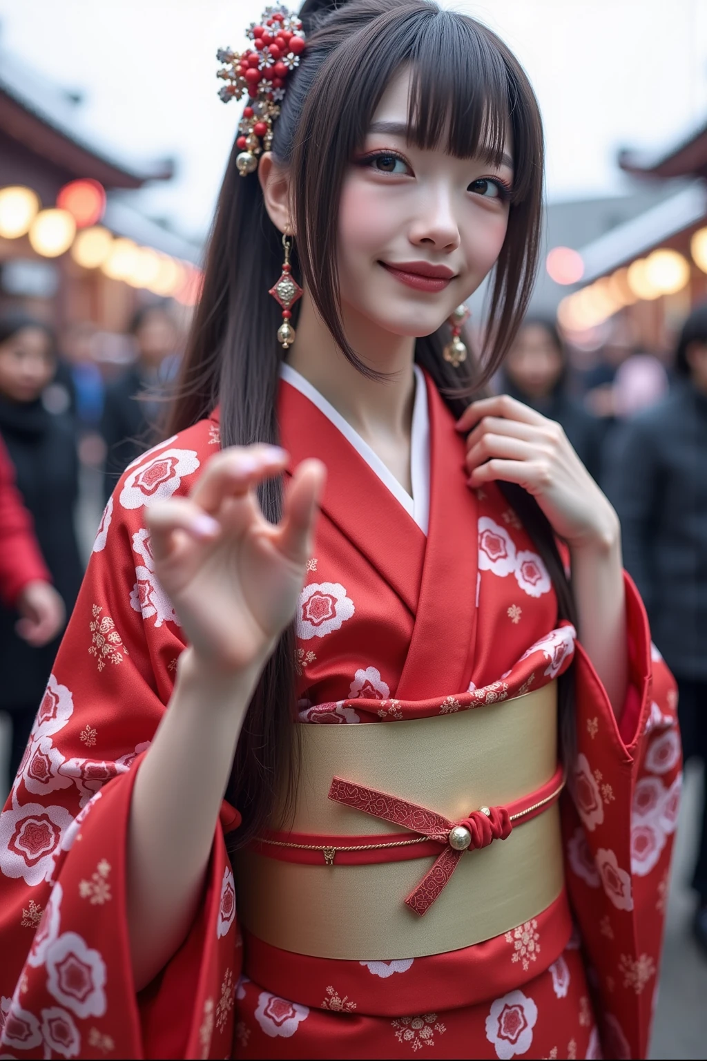 It depicts a beautiful Japanese woman in a kimono、shiny skin, large breasts:0.5, looking up, watching the view, beautiful hair, beautiful face, beautiful detailed eyes, (middle hair:1.5, japanese hair:1.5), black hair, blue eyes, (((red floral kimono), hair ornament)), ((smile:1.5, open your mouth wide)), walking, (beautiful scenery), winter, dawn, (new year's day, first visit),crowd, snow, snowfall:1.5, freezing weather, frost, (8k, top-quality, masterpiece​:1.2, extremely detailed), (photorealistic), beautiful illustration, natural lighting,((perfect anatomy, anatomically correct, super detailed skin)), 