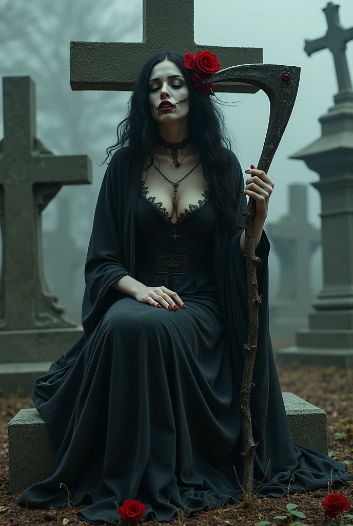 Beautiful 20 year old woman, large , with short messy wavy black hair, wearing a red corset with black accents and black cloak, (( fine detailed long black gloves)) on her knees to the ground, (( having hard possessed sex from behind by a man in a foggy cemetery at night )), ((the photo is a picture of a woman and a man doing sex))(red lipstick:1.5), realistic skin texture, (cross necklace:1.2), (eyes closed:1.3), (Zentangle and Gothic Art:1.4), photo realistic, 8k