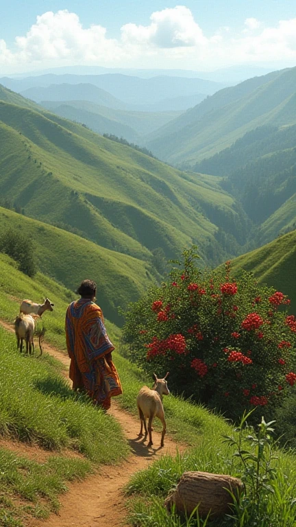 A scenic view of an Ethiopian hillside with a goat herder (Kaldi) wearing traditional garb, observing his goats near a bush with bright red coffee berries.