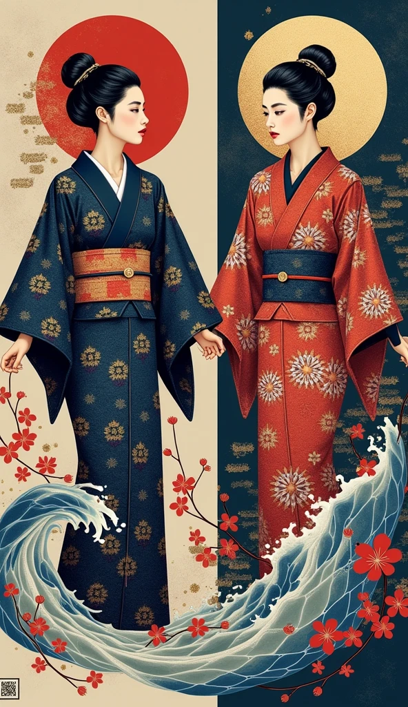 (masterpiece,  High Quality ,  high definition ,  Golden Ratio ,  movie lighting, 8k),  The shape of the yukata has clear outlines 。  accentuate the detailed design of the yukata 、 Subtle shadows express the texture and movement of the fabric 。Inside is 、cherry blossoms、 Flowing Water、 accentuate 、 a stunning abstract painting representing traditional Japanese yukata 。 The color is deep blue 、Bright vermilion、 accents with gold 、 accents 。  The background is minimalistic, 、 geometric hemp leaf motifs, etc. 、 depicts intricate traditional Japanese patterns 。  The overall composition is 、 The flowing sleeves and clear collar are emphasized {x} exudes a balance between traditional Japanese aesthetics and modern abstract art。