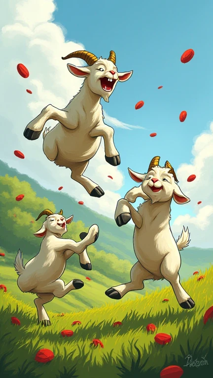 A whimsical depiction of energetic goats joyfully leaping around after eating red coffee berries.