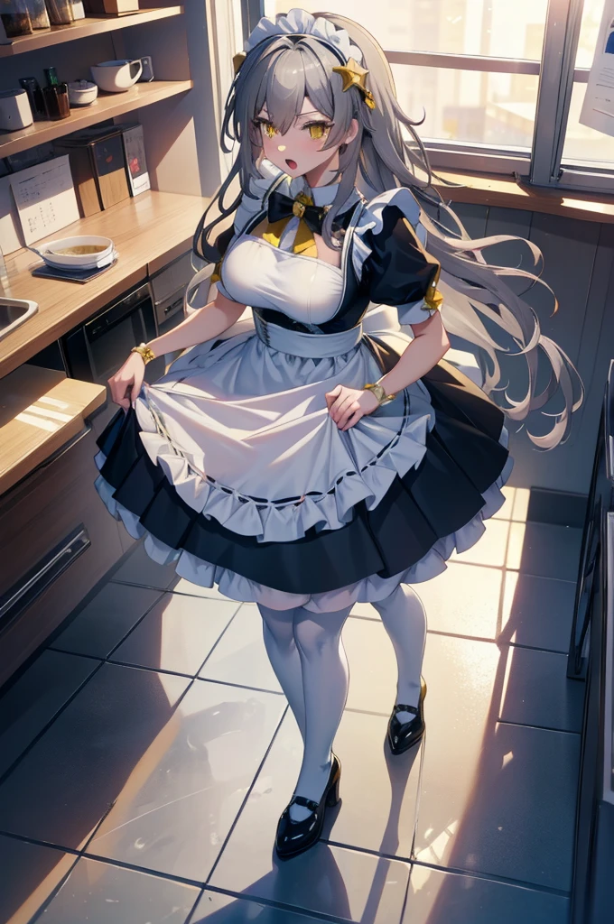 a cute femboy , trap , cosplay stelle honkai star rail , stelle hsr ,gray hair,long hair,yellow eyes, large breasts, wearing a japan maid dress , white pantyhose, open mouth, standing in a cafe at night time.