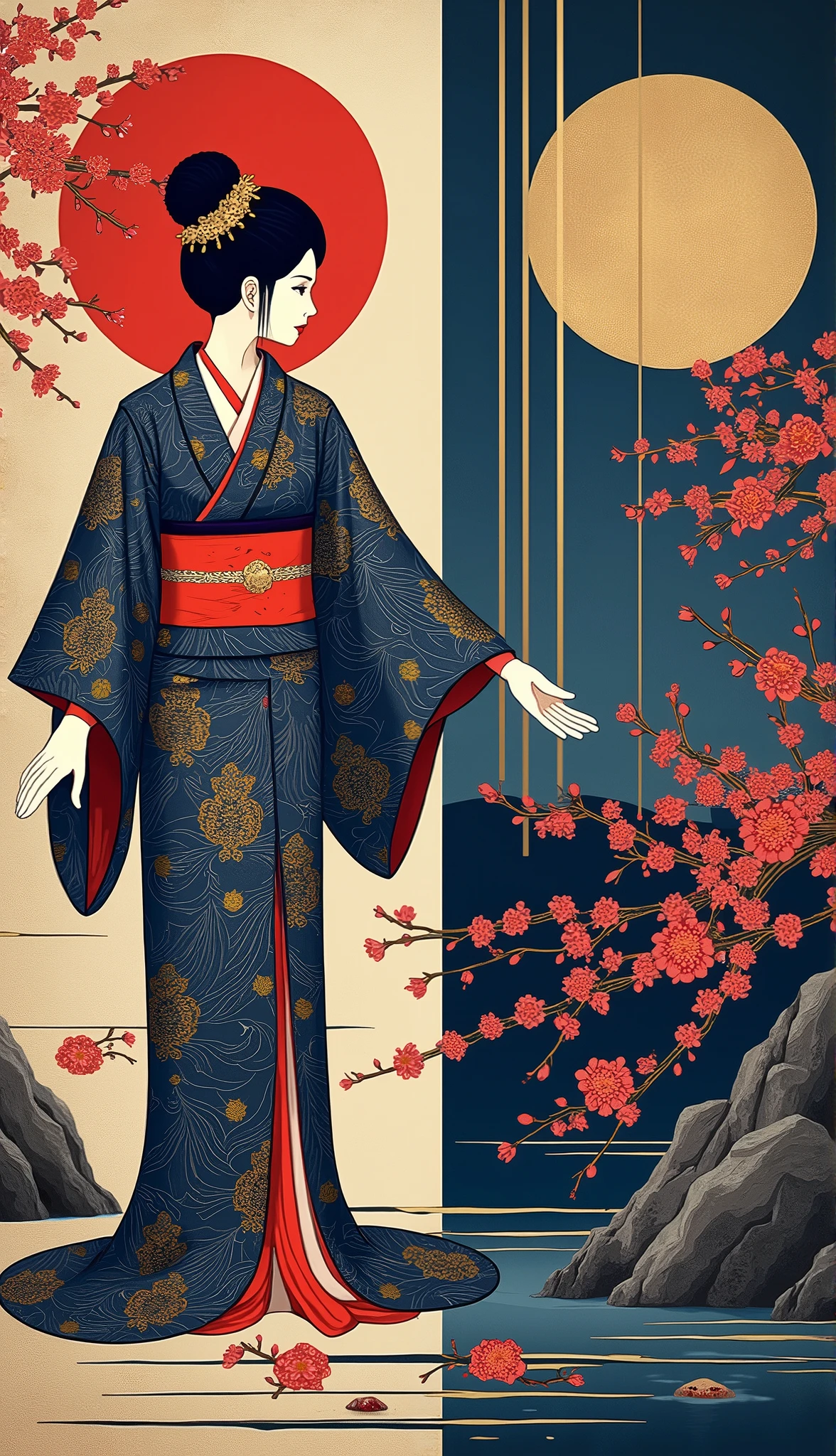 (masterpiece,  High Quality ,  high definition ,  Golden Ratio ,  movie lighting, 8k),  The shape of the yukata has clear outlines 。  accentuate the detailed design of the yukata 、 Subtle shadows express the texture and movement of the fabric 。Inside is 、cherry blossoms、 Flowing Water、 accentuate 、 a stunning abstract painting representing traditional Japanese yukata 。 The color is deep blue 、Bright vermilion、 accents with gold 、 accents 。  The background is minimalistic, 、 geometric hemp leaf motifs, etc. 、 depicts intricate traditional Japanese patterns 。  The overall composition is 、 The flowing sleeves and clear collar are emphasized {x} exudes a balance between traditional Japanese aesthetics and modern abstract art。