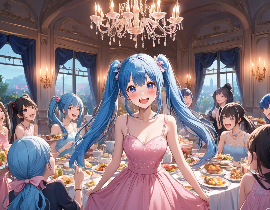 masterpiece, best quality), best resolution, (3heads:1.5), 1girl, blue hair, blond hair, brown hair, teal eyes, different facial expressions, smiling, violet dress, armor, city background
