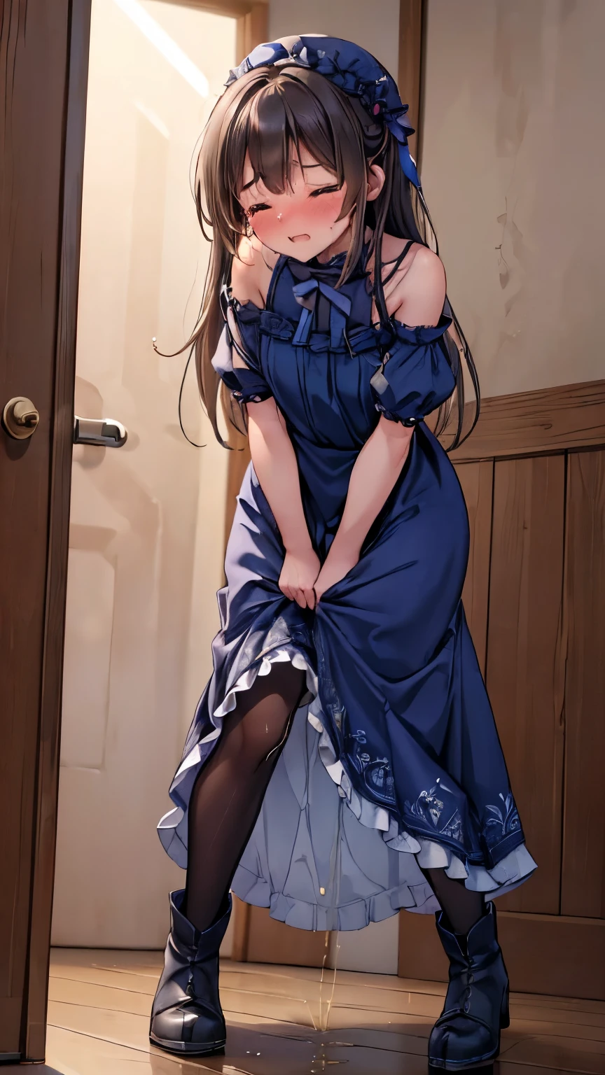 (8K, ultra-detailed, best quality, anatomically perfect body:2), (beautiful breast), shiny skin, (have to pee, shaking with the effort to hold pee), (desperate urge to pee), (very desperate to pee), (her bladder is at its limit, unable to hold pee:1.2), (Standing:1.3), (peeing self), (pee puddles), (frilled maxi dress, tights, ankle boots:1.3), (panty pull), (Untidy hair:1.4), (She rubbing her crotch very hard:1.8), (arch backward, knees together and feet apart:1.7), (Rub each other's thighs:1.4), (jiggled:1.6), (twisting and turning whole body:1.8), (panting heavily), (orgasm:1.5), (full face blush:1.7), (embarrassment:1.6), (impatience:1.9), (flustered:1.5), breathless, (Humiliation), (turn on), (closed eyes), (arousal), (head tilt:1.2), (slightly open mouth:0.8), (SIGMA 105 mm F/2.8, 1/100 sec shutter, award-winning), restroom door that doesn't open, (ultra-detailed face:1.2), from side, nsfw,