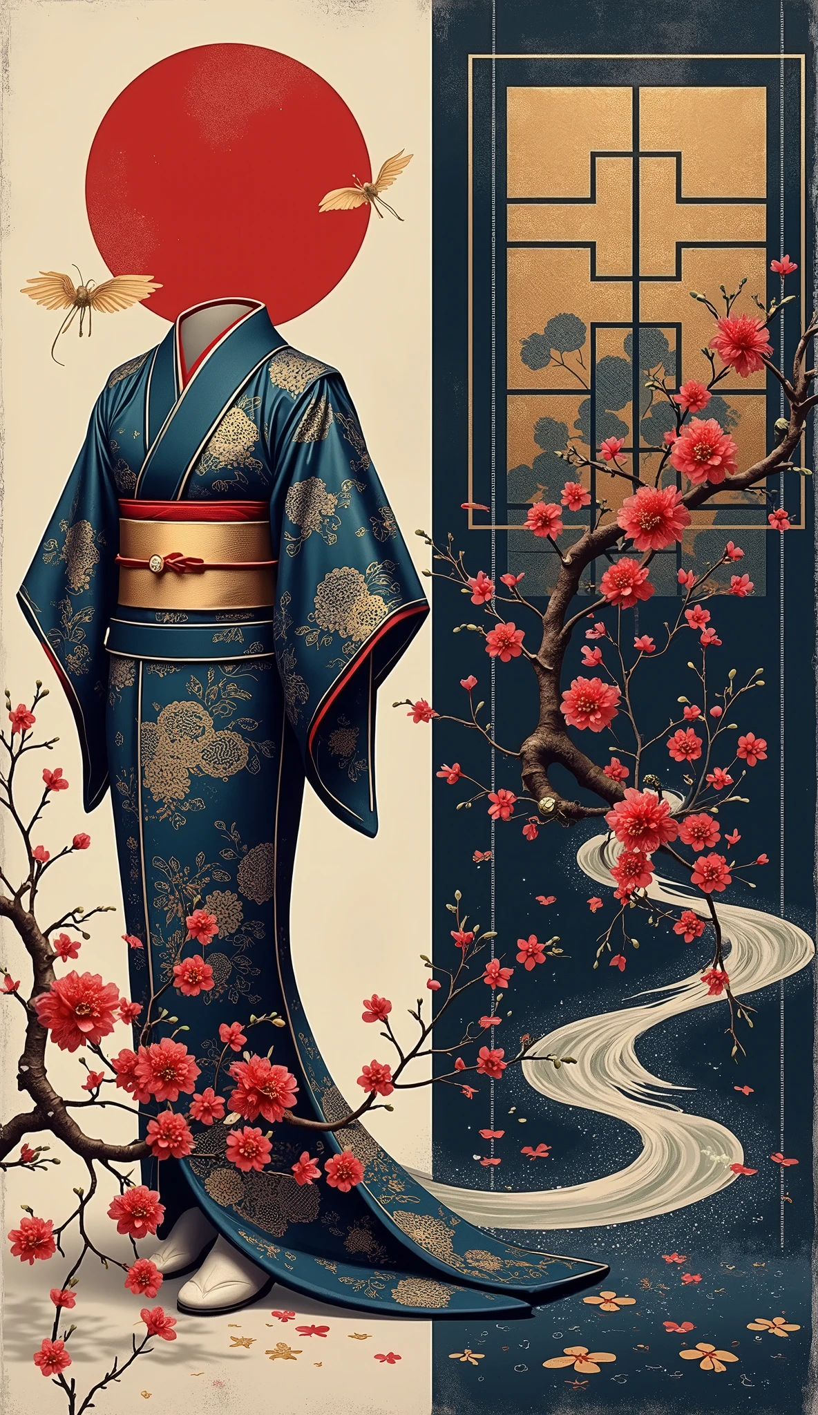 (masterpiece,  High Quality ,  high definition ,  Golden Ratio ,  movie lighting, 8k),  The shape of the yukata has clear outlines 。  accentuate the detailed design of the yukata 、 Subtle shadows express the texture and movement of the fabric 。Inside is 、cherry blossoms、 Flowing Water、 accentuate 、 a stunning abstract painting representing traditional Japanese yukata 。 The color is deep blue 、Bright vermilion、 accents with gold 、 accents 。  The background is minimalistic, 、 geometric hemp leaf motifs, etc. 、 depicts intricate traditional Japanese patterns 。  The overall composition is 、 The flowing sleeves and clear collar are emphasized {x} exudes a balance between traditional Japanese aesthetics and modern abstract art。