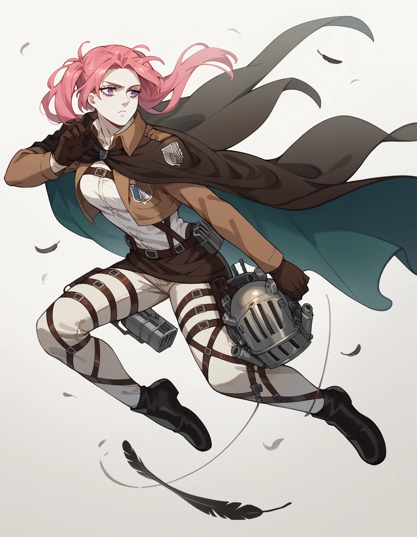  /(16th century arquebusier's uniform: fitted button-down blouse, breastplate covering the torso, long leather cape, leather military shoes, brooches in the hair, gloves, helmet with a feather on top, cloth pants,), /(Pale white skin, extremely long pink hair combed in two pigtails and a lock over the left eye, violet eyes,), /(Hourglass shaped body, medium hips, medium waist, shapely legs, big chest, small hands, slender fingers