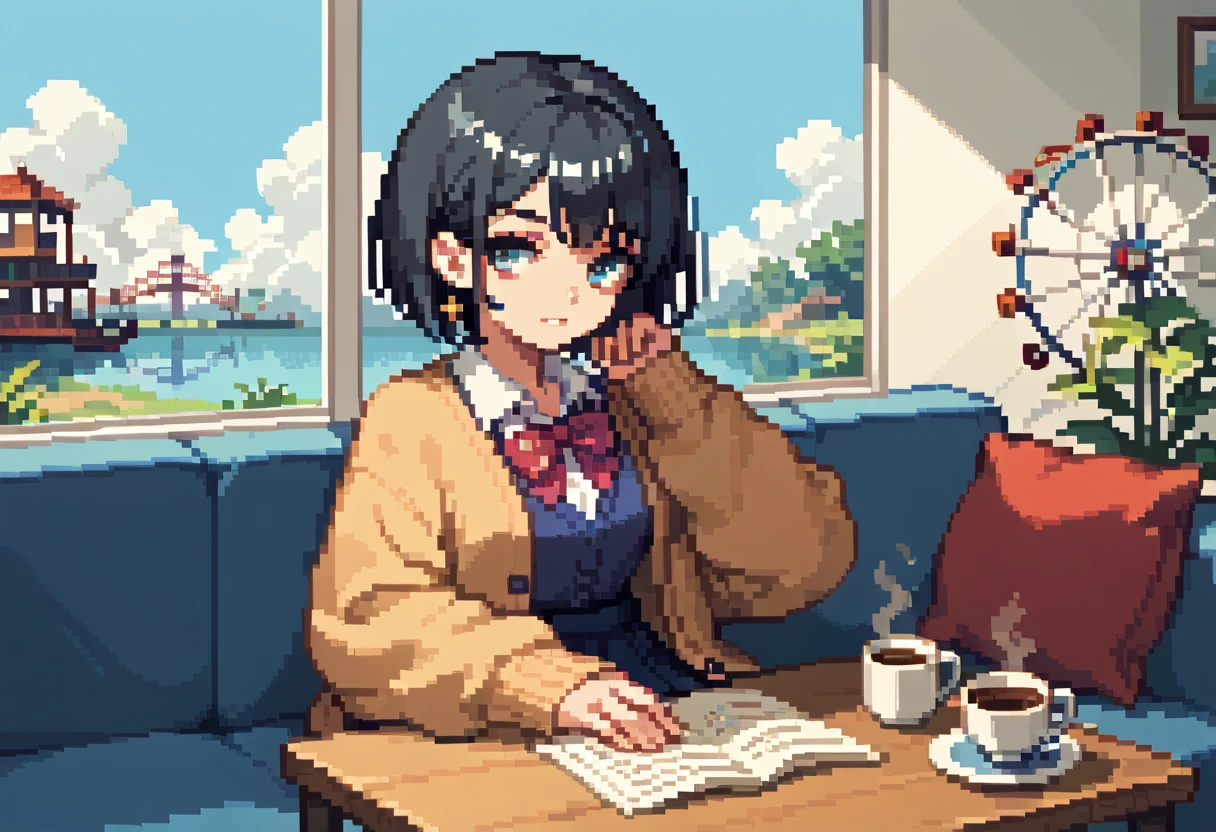  pixel art、solo,2D, beautiful illustration ,throw,Coffee lounge,Sitting facing the Viewer on a square table, looking at viewer,School uniform, Cardigan,black hair ,short hair,bags、Sofa,Window,Lake view from the window、Ferris Wheel