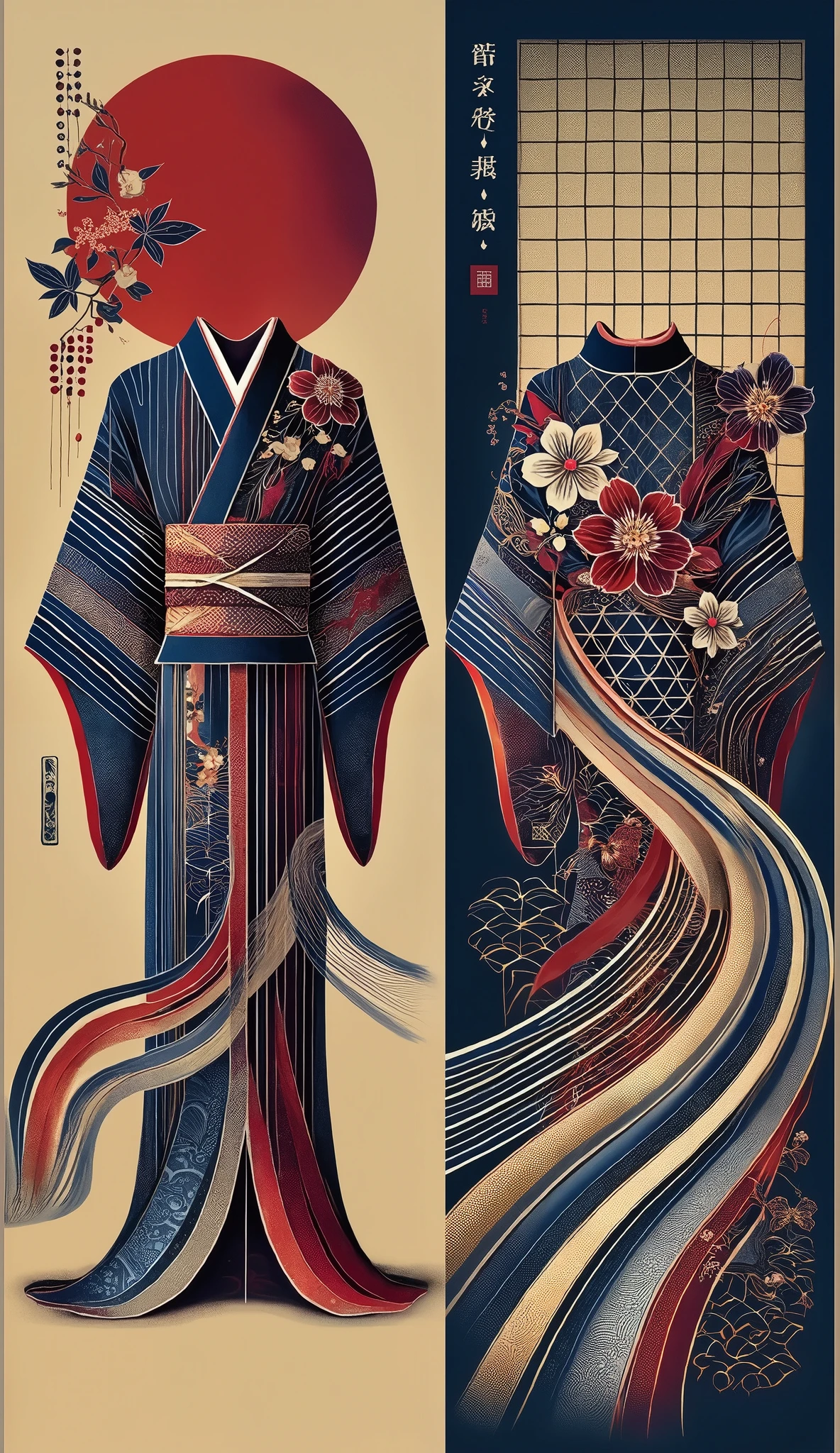 (masterpiece,  High Quality ,  high definition ,  Golden Ratio ,  movie lighting, 8k),  The shape of the yukata has clear outlines 。  accentuate the detailed design of the yukata 、 Subtle shadows express the texture and movement of the fabric 。Inside is 、cherry blossoms、 Flowing Water、 accentuate 、 a stunning abstract painting representing traditional Japanese yukata 。 The color is deep blue 、Bright vermilion、 accents with gold 、 accents 。  The background is minimalistic, 、 geometric hemp leaf motifs, etc. 、 depicts intricate traditional Japanese patterns 。  The overall composition is 、 The flowing sleeves and clear collar are emphasized {x} exudes a balance between traditional Japanese aesthetics and modern abstract art。