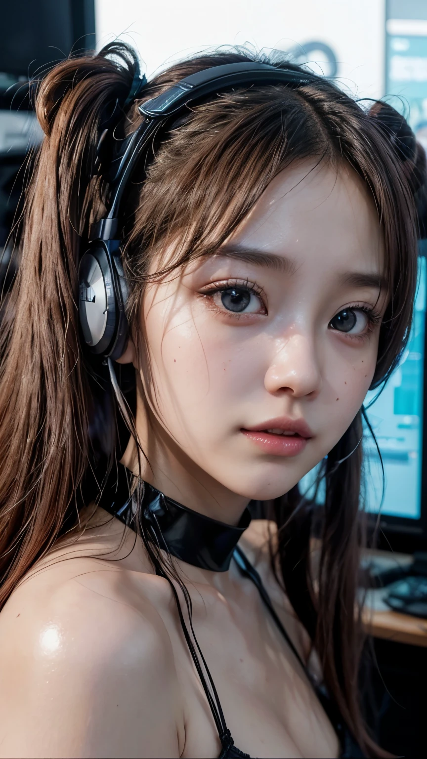 (A photo was posted on social media of a beautiful girl in stylish casual clothing singing into a microphone with headphones on in a recording studio.) (The beautiful girl is , of 18% Japanese, 26% French, and 56% Ukrainian descent, 178 cm tall, with a small bust but a good figure and a beautiful, well-proportioned figure.) (Her hair is pink ash gray and super long, tied in twin tails with black ribbons and curling in a spiral shape towards the ends.) (Her eyebrows are the same color as her hair, thin, slightly thick and short, and her eyelashes are long.) (Her large blue eyes reflect the light of the lighting and are amazingly beautiful, like pearls.) (Her nose is high like a British person, her lips are plump and shaped in a way that makes you want to kiss them, her skin is translucent white, and the balance between her head and face is in line with traditional Japanese aesthetics.) The number of fingers is neither too many nor too few, and they are expressed very delicately. (Single, Masterpiece, Ultra Detailed, Highest Quality, Artistic Composition, Ultra Precision, Realistic, Photorealistic, High Resolution, Dynamic Lighting Effects, Golden Ratio, Surreal). Try your best to meet all these criteria.