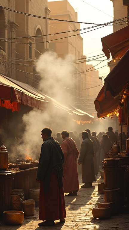 An ancient Arabian market scene with vendors roasting and brewing coffee, with steam rising and people gathered around enjoying the drink.