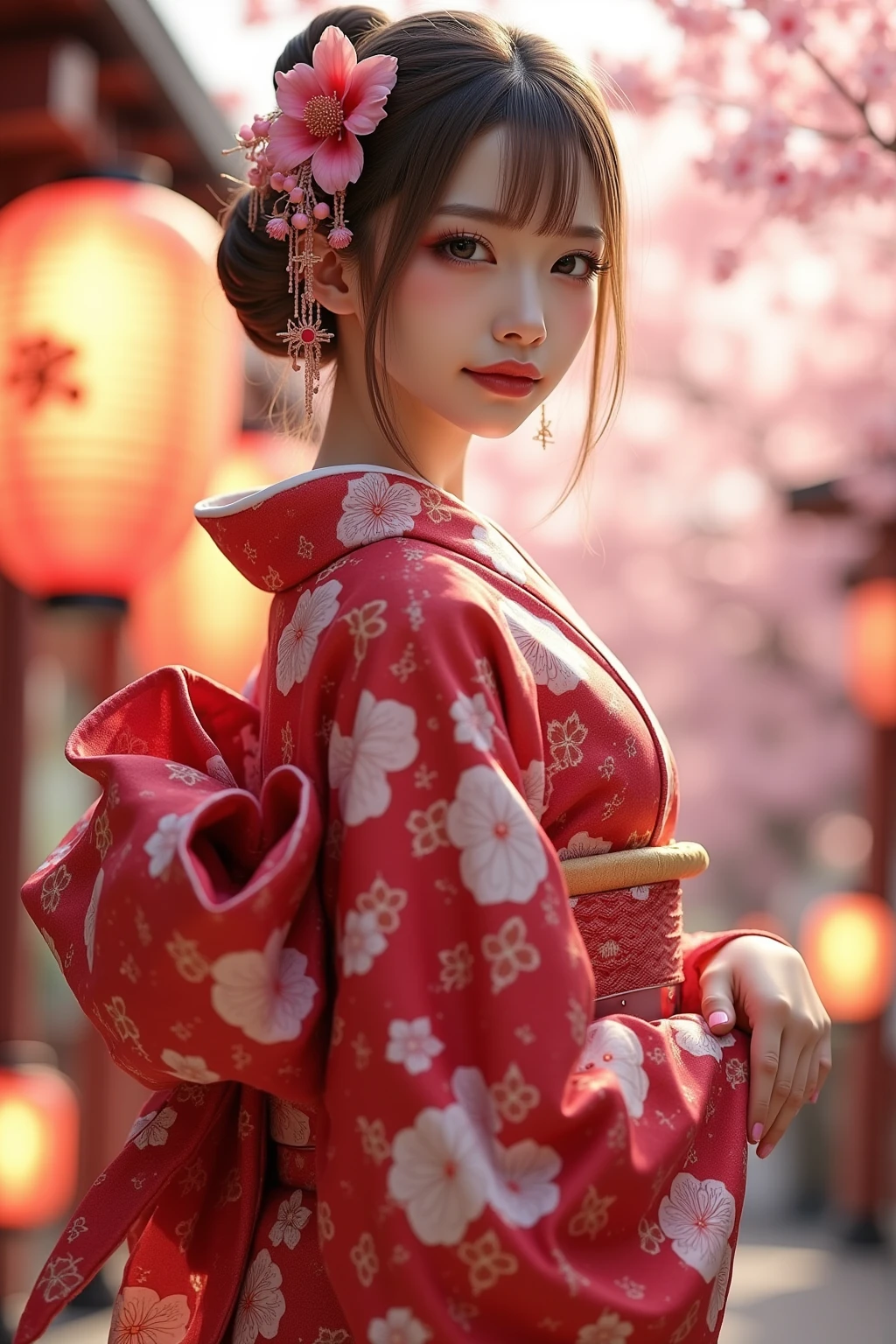 It depicts a beautiful Japanese woman in a kimono、shiny skin, large breasts:0.5, looking up, watching the view, beautiful hair, beautiful face, beautiful detailed eyes, (middle hair:1.5, japanese hair:1.5), black hair, blue eyes, (((red floral kimono), hair ornament)), ((smile:1.5, open your mouth wide)), walking, (beautiful scenery), winter, dawn, (new year's day, first visit),crowd, snow, snowfall:1.5, freezing weather, frost, (8k, top-quality, masterpiece​:1.2, extremely detailed), (photorealistic), beautiful illustration, natural lighting,((perfect anatomy, anatomically correct, super detailed skin)), 