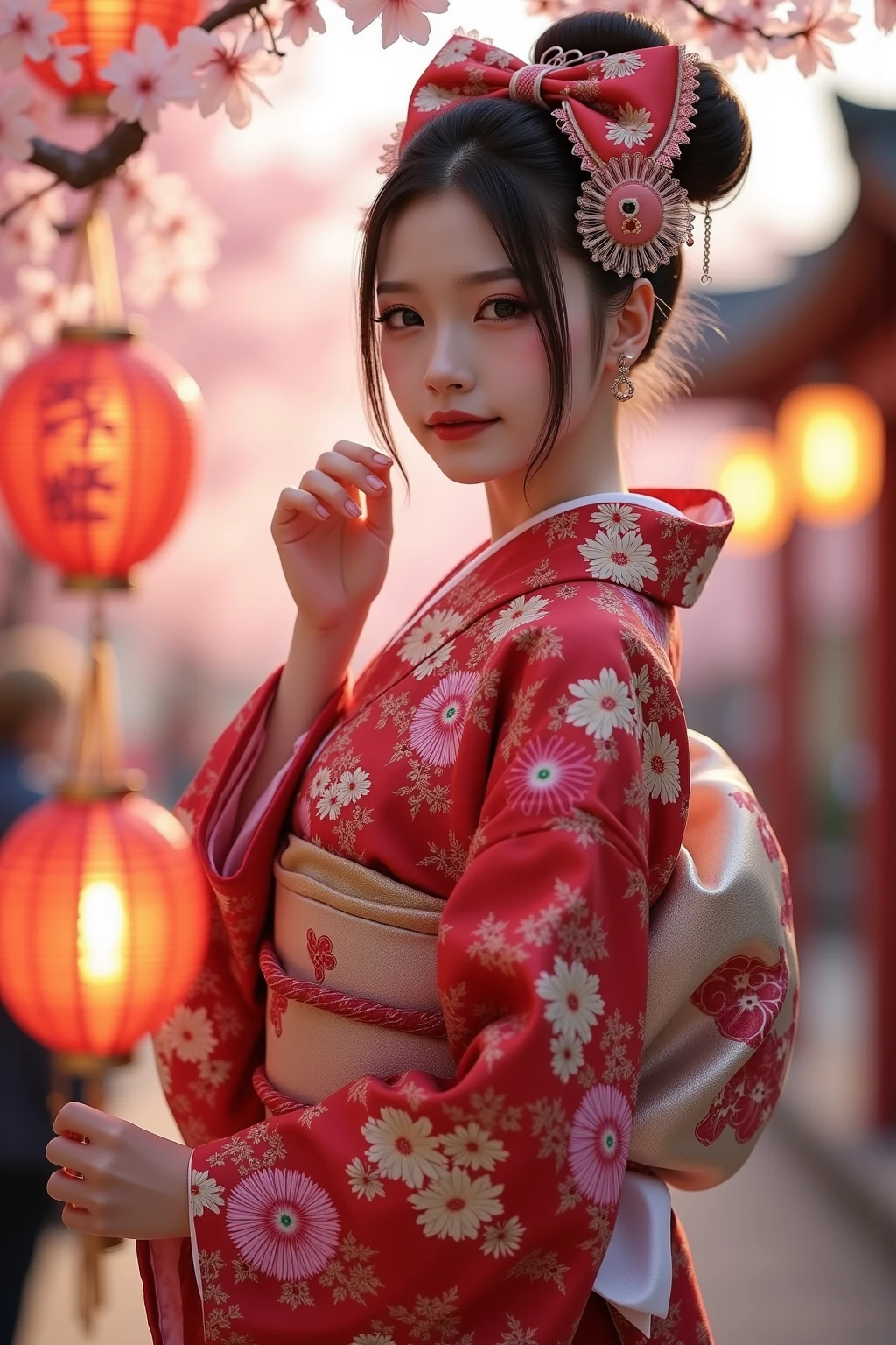 It depicts a beautiful Japanese woman in a kimono、shiny skin, large breasts:0.5, looking up, watching the view, beautiful hair, beautiful face, beautiful detailed eyes, (middle hair:1.5, japanese hair:1.5), black hair, blue eyes, (((red floral kimono), hair ornament)), ((smile:1.5, open your mouth wide)), walking, (beautiful scenery), winter, dawn, (new year's day, first visit),crowd, snow, snowfall:1.5, freezing weather, frost, (8k, top-quality, masterpiece​:1.2, extremely detailed), (photorealistic), beautiful illustration, natural lighting,((perfect anatomy, anatomically correct, super detailed skin)), 