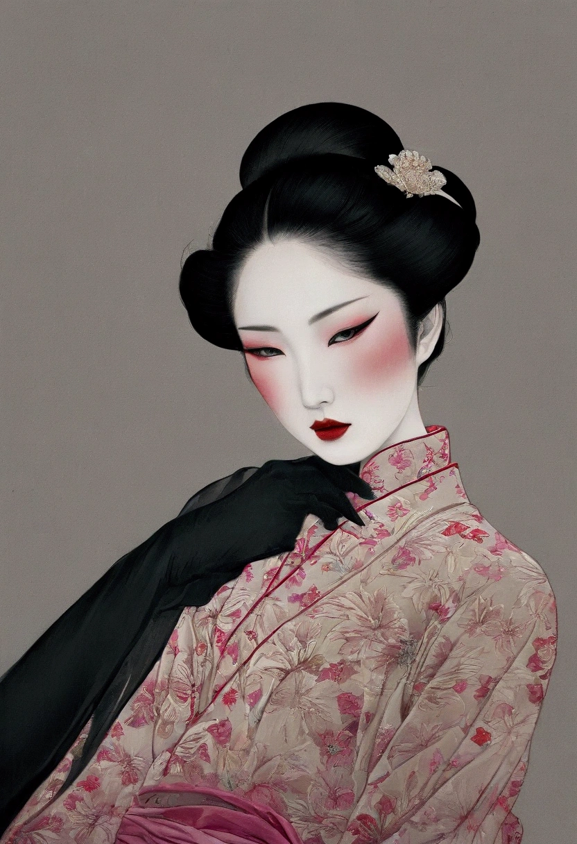 chiaroscuro technique on sensual illustration of an elegant asian lady, A vibrant fashion collective, combining aesthetics with sustainable materials, , vintage , matte eerie, silky matte painting, by Hannah Dale, by Harumi Hironaka, extremely soft colors, vibrant, highly detailed, digital artwork, high contrast, dramatic, refined, tonal, Focus on touch, connection, and relaxation