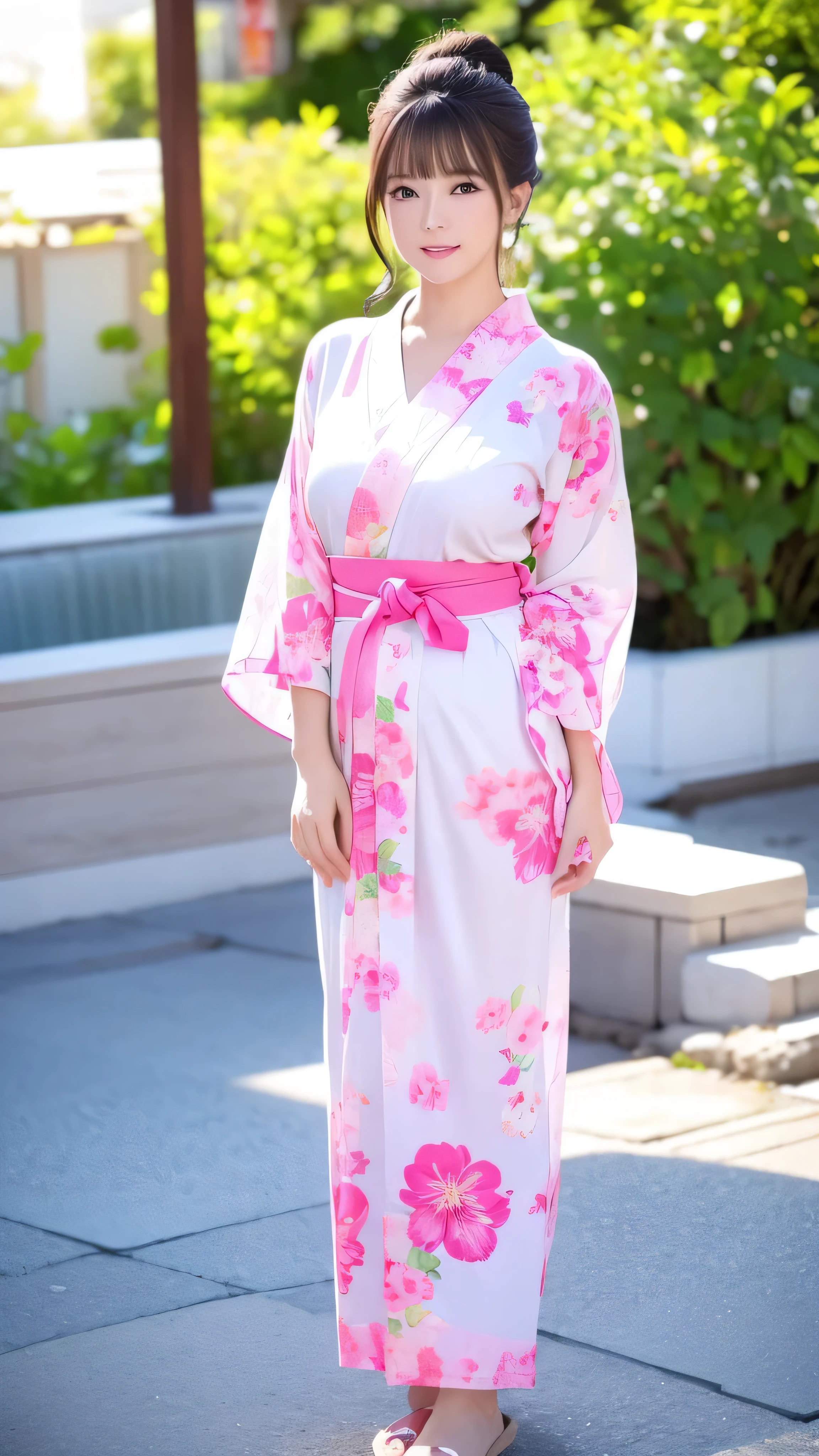  full body high definition image ，A beautiful woman in a complicated cyberpunk kimono is wearing a yukata,  beautiful,  girl, Detailed portrait, 4k yen,  bright color,  face details、 full body high quality image , Cinematic dramatic atmosphere,  sharp concentration ,  volumetric lighting ,  cinematic lighting ,  Studio Quality 