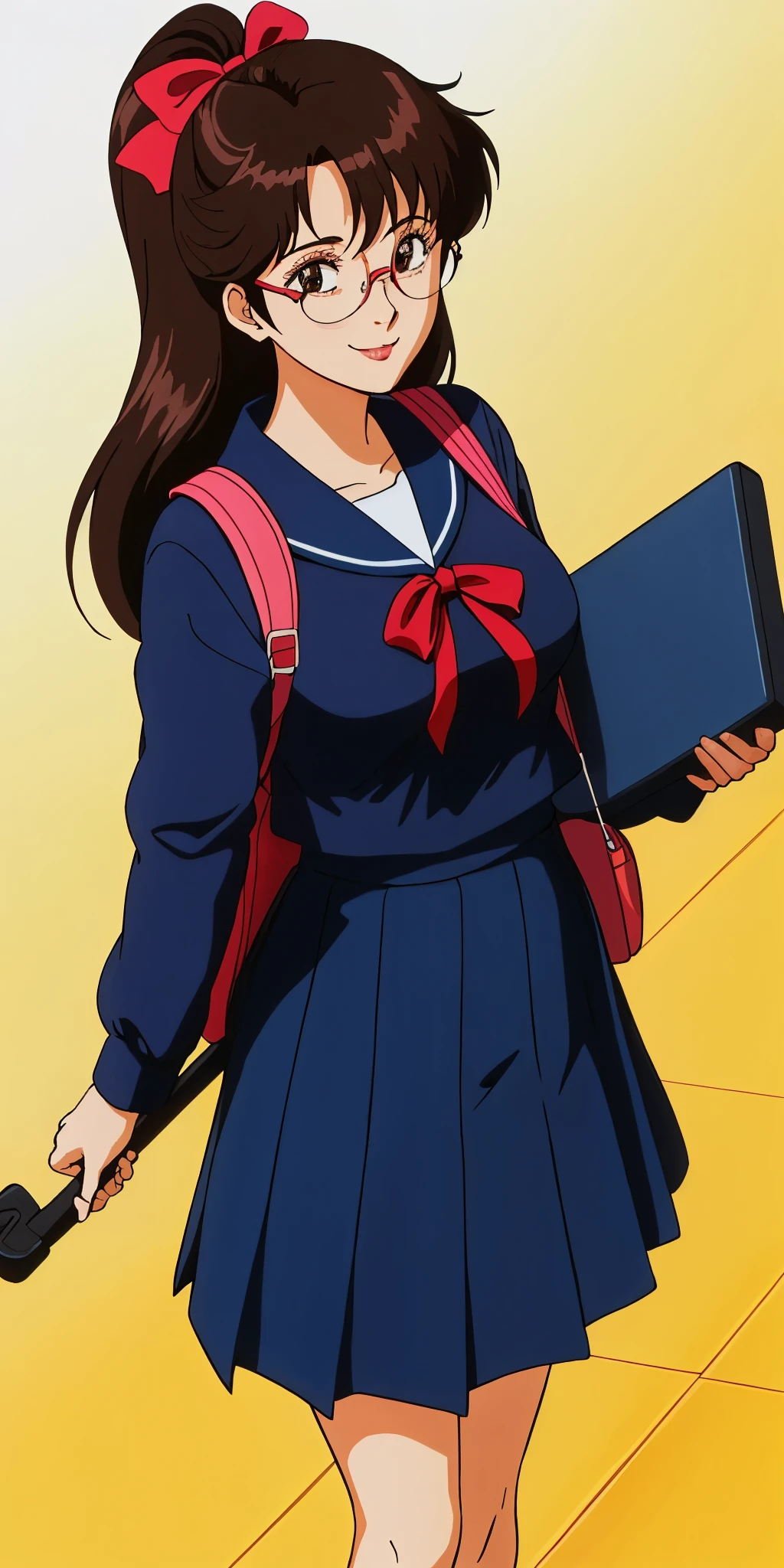 Young woman drawn in 80’s anime art style. 
Retro anime. Vintage Anime. Classical Anime. 
Black Dark Brown HAIR
Long Nihongami Hair
(Round Glasses)
(Round and Circle eyes)
(Light Brown eyes)
(Medium Sized Eyebrows)
(Freckles on Cheek)
(Light Tan Woman)
(Medium Breast)
Seductive Smile

She is wearing a sailor fuku (セーラー服, sērā fuku, sailor outfit) is a common japanese style of uniform worn by women, traditionally by high school female students. 

The uniform generally consists of a sailor-styled blouse attached with a (Navy blue sailor-style collar) and a Dark Navy Blue Sailor Blouse. The length of the long skirt goes down past her ankle.

A ribbon is tied in the front and laced through a loop attached to the sailor blouse. The color is the ribbon is red. (RED RIBBON)

(Dark Navy Blue Sailor Shirt)
(Dark Navy Pleated Skirt)

She is holding a brown briefcase and wearing a backpack. 
She is visiting a High School.

(Solo)
