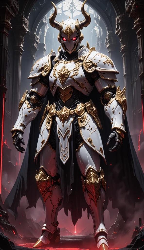  is possessed by a demon, a holy knight commander. Full Body Mechanized Image of an Adult Male. Robotic Muscle-Developed Body . wearing sacred white gold holy knight armor . Eyes Deep Red . standing inside a mysterious black and red church.Bold composition .COUNTLESS KNIGHT FOLLOWERS.Full body image with dark red glow in the eyes。He boldly stands in a mysterious black and red mechanical church， composition underlines his majestic presence 。 lights are very striking ， shadows cast by him highlight his armor and the church's bizarre atmosphere ，Mechanic robot ，Future Mechanism ， Cyberpunk 
