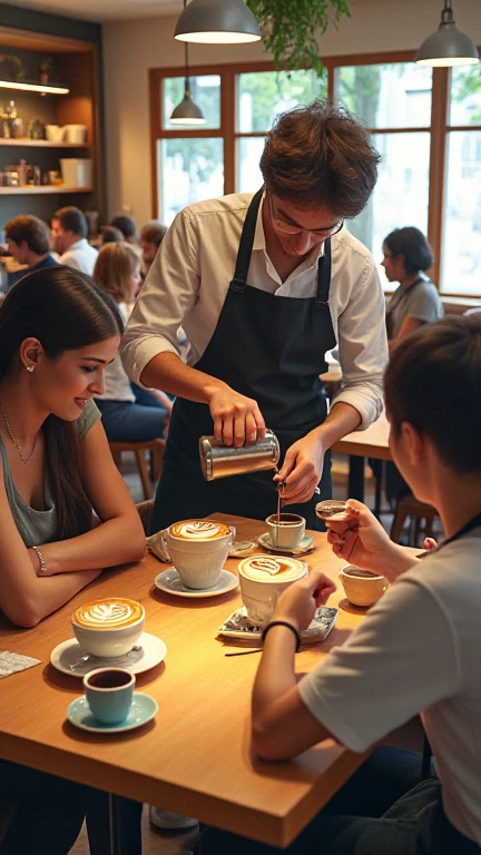 A modern café setting with diverse people enjoying coffee, a barista pouring latte art, and coffee cups of various styles on tables